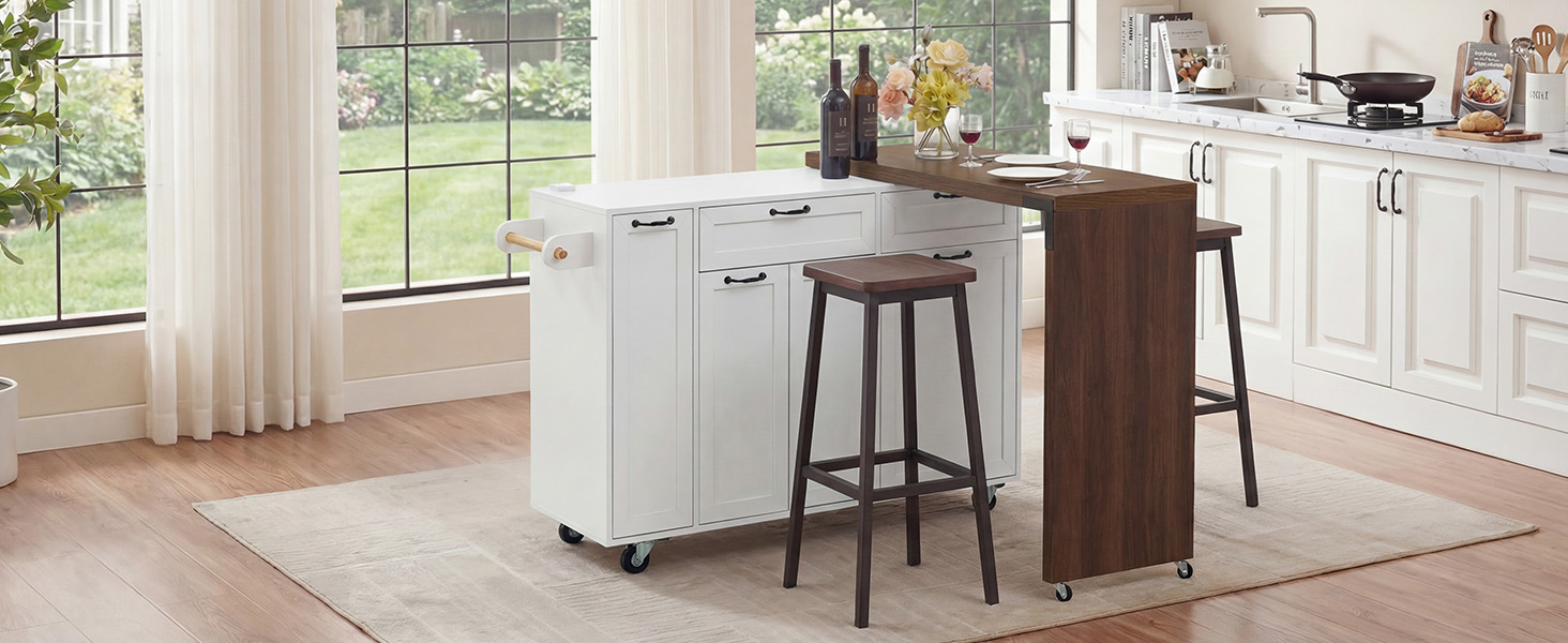 K&K 102.3" Kitchen Island with Extendable Dining Table, Kitchen Rolling Island Cart with Trash Storage Cabinet, 3-Tier Pull-Out Spice Rack, Mobile Island Table on Wheels for Kitchen, Dining Room,White - Image 5