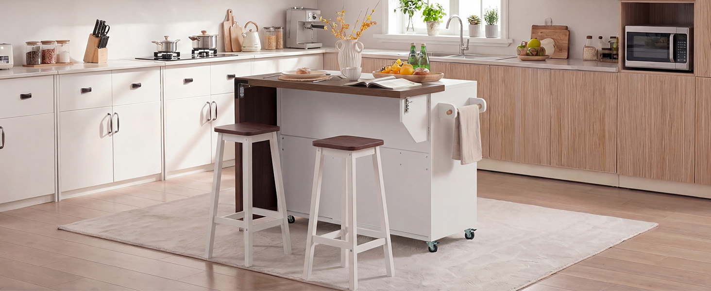 K&K 102.3" Kitchen Island with Extendable Dining Table, Kitchen Rolling Island Cart with Trash Storage Cabinet, 3-Tier Pull-Out Spice Rack, Mobile Island Table on Wheels for Kitchen, Dining Room,White - Image 4