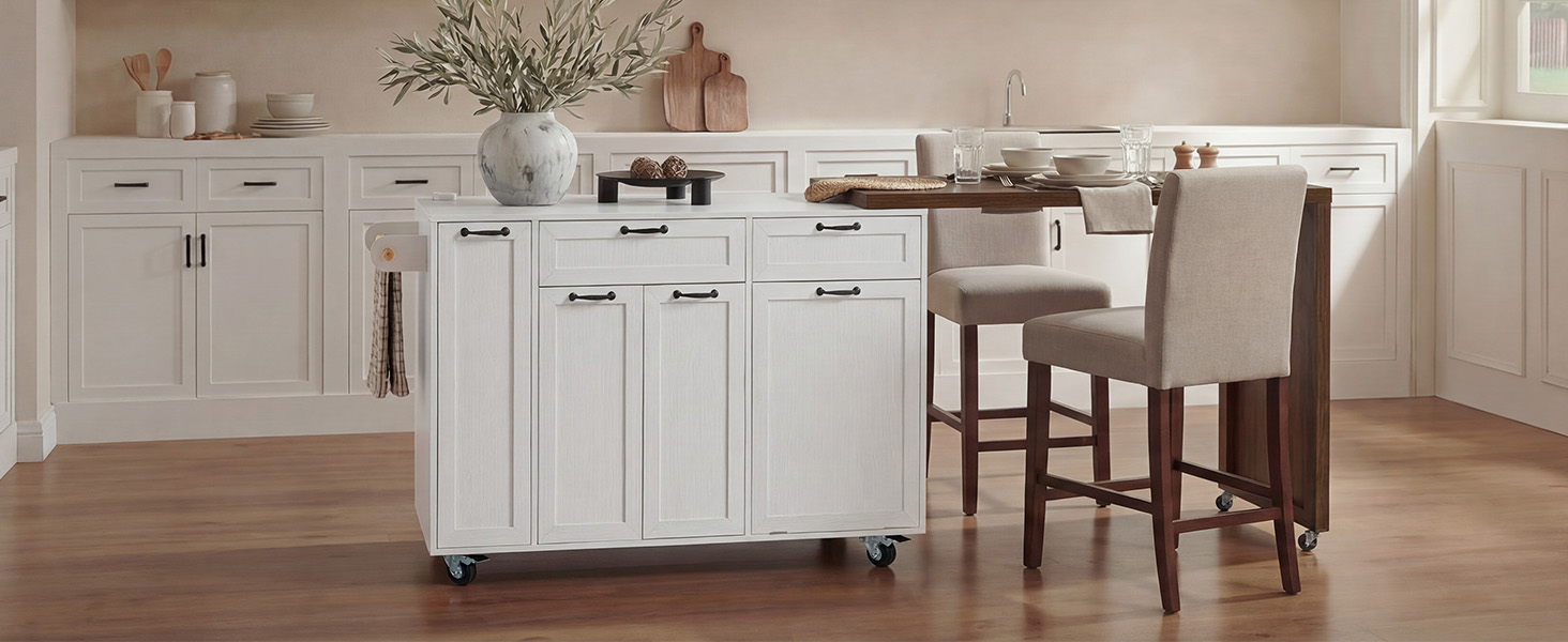 K&K 102.3" Kitchen Island with Extendable Dining Table, Kitchen Rolling Island Cart with Trash Storage Cabinet, 3-Tier Pull-Out Spice Rack, Mobile Island Table on Wheels for Kitchen, Dining Room,White - Image 6
