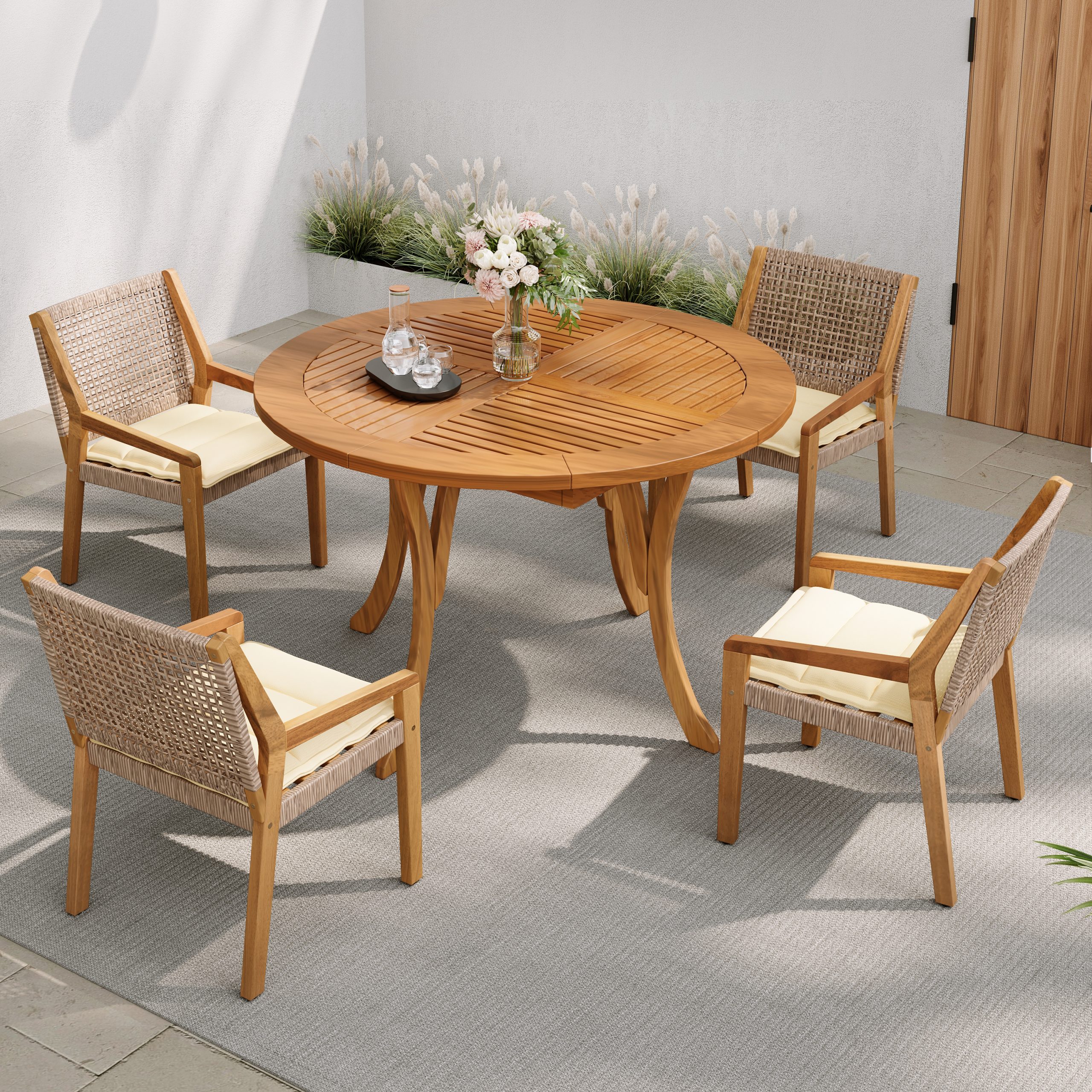 Outdoor Dining Set – Premium Acacia Wood Hermosa Table & Wicker Chairs with Cream Cushion for Comfortable Dining Experience,Suitable for large gatherings(1 Table + 4 Chairs) - Image 1