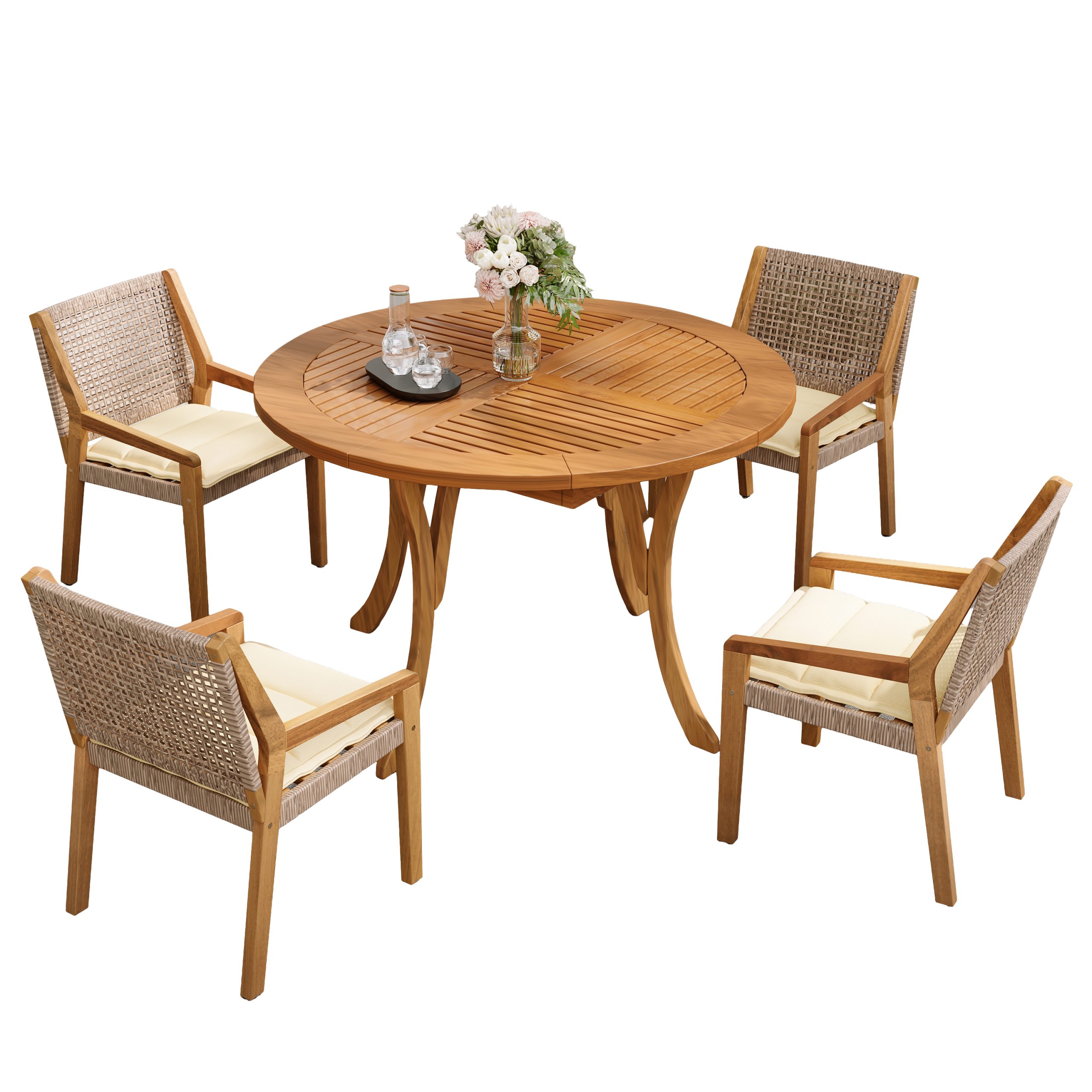 Outdoor Dining Set – Premium Acacia Wood Hermosa Table & Wicker Chairs with Cream Cushion for Comfortable Dining Experience,Suitable for large gatherings(1 Table + 4 Chairs) - Image 4