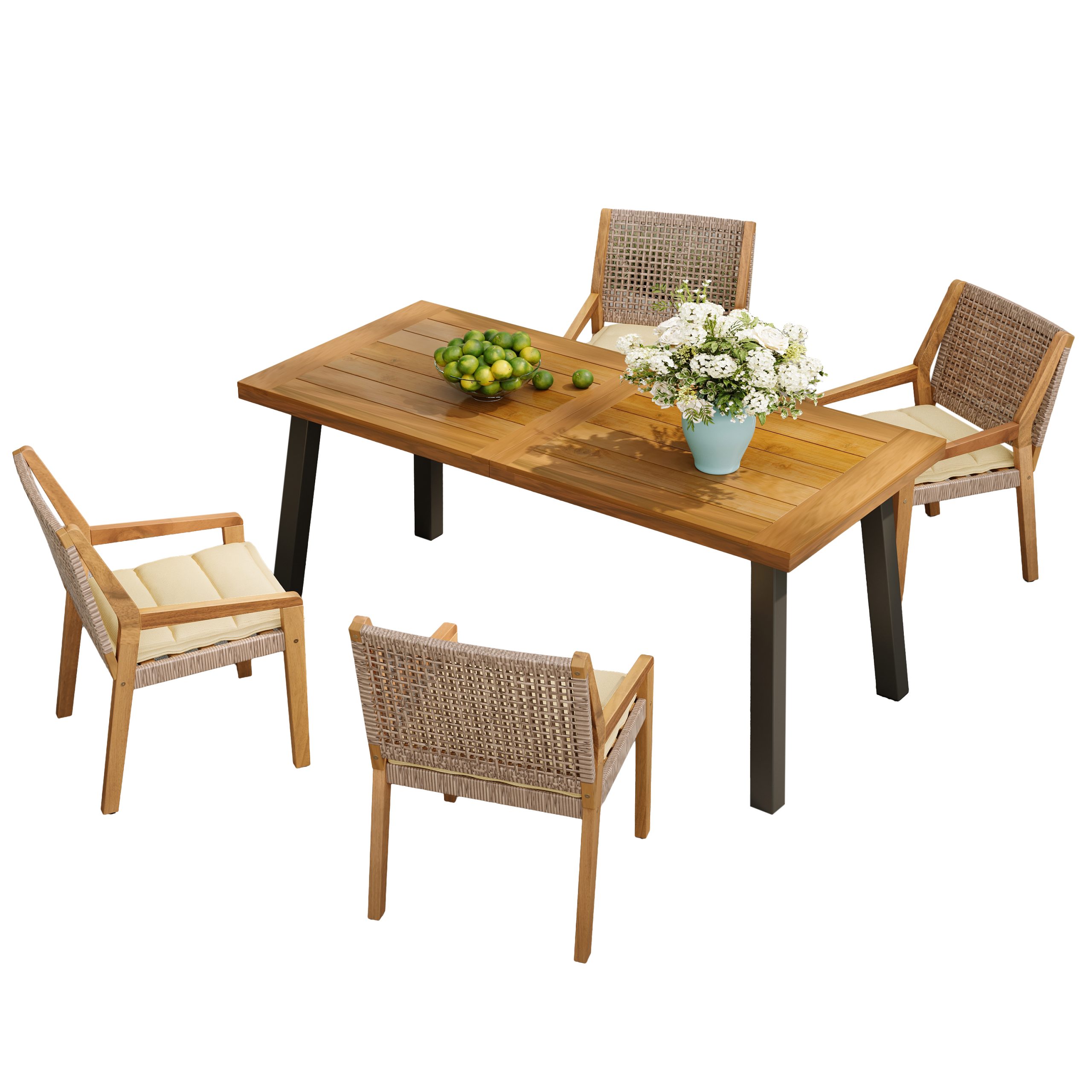 Outdoor Dining Set – Premium Acacia Wood Della Table & Wicker Chairs with Cream Cushion for Comfortable Dining Experience,Suitable for large gatherings(1 Table + 4 Chairs) - Image 5