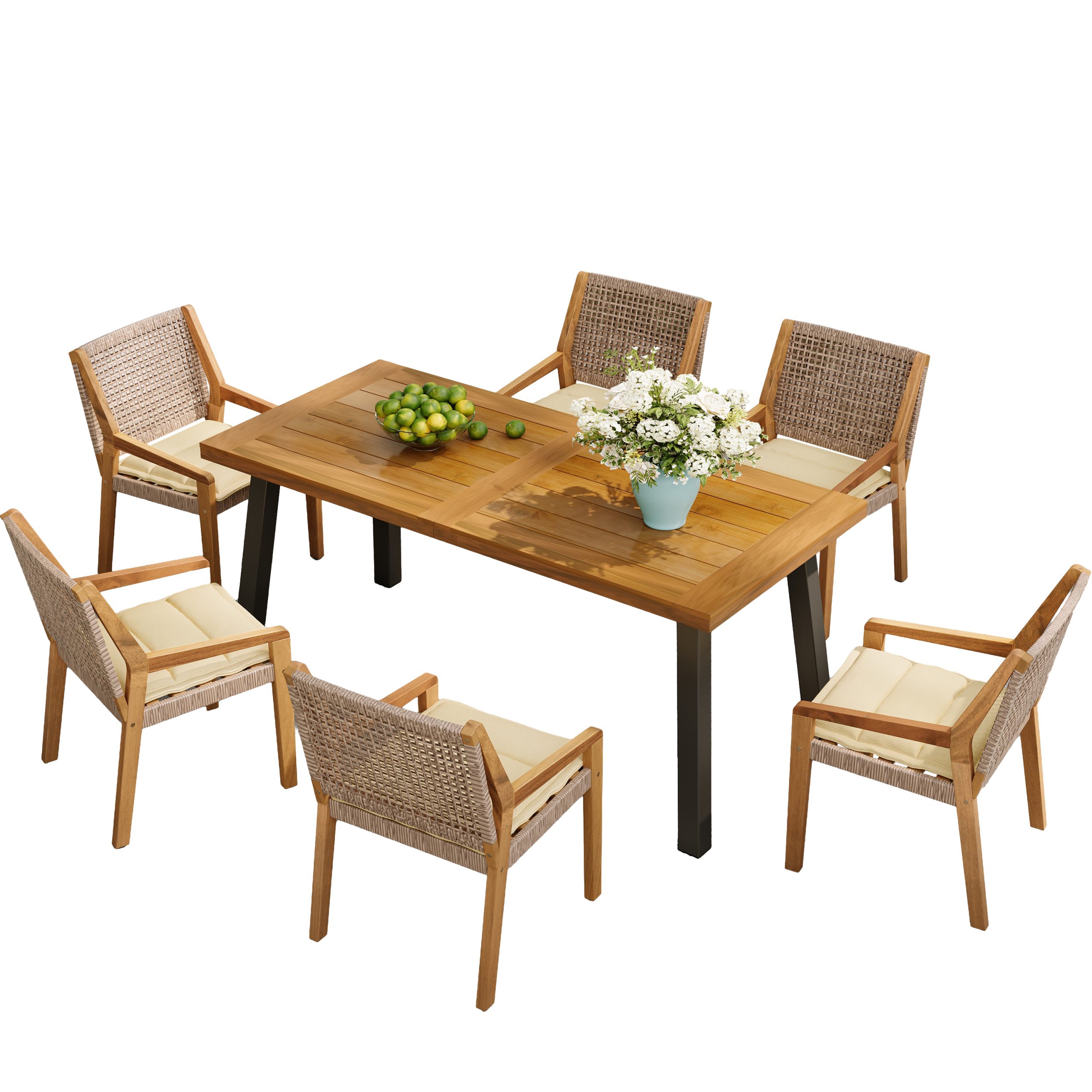 Outdoor Dining Set – Premium Acacia Wood Della Table & Wicker Chairs with Cream Cushion for Comfortable Dining Experience,Suitable for large gatherings(1 Table + 6 Chairs) - Image 4