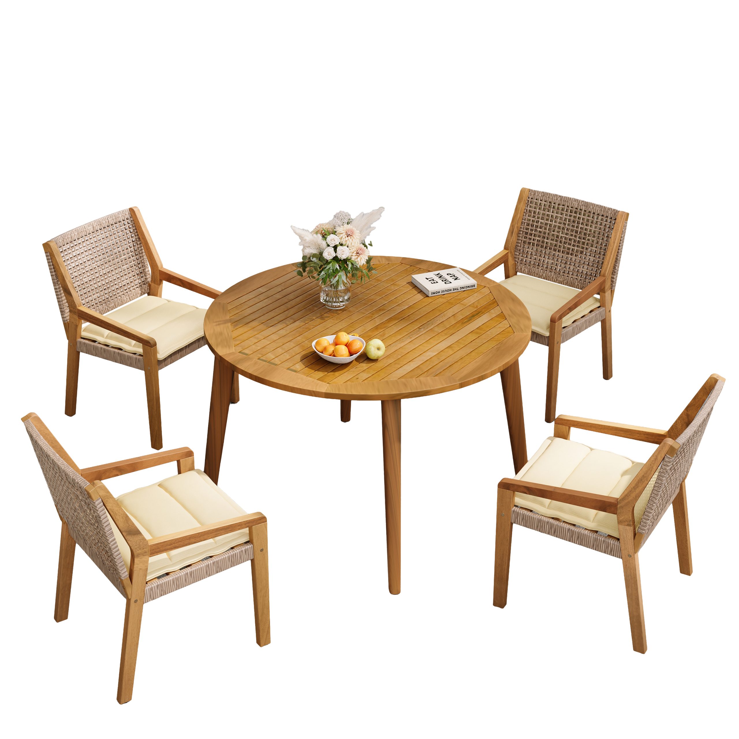 Outdoor Dining Set – Premium Acacia Wood Stamford Table & Wicker Chairs with Cream Cushion for Comfortable Dining Experience,Suitable for large gatherings(1 Table + 4 Chairs) - Image 2