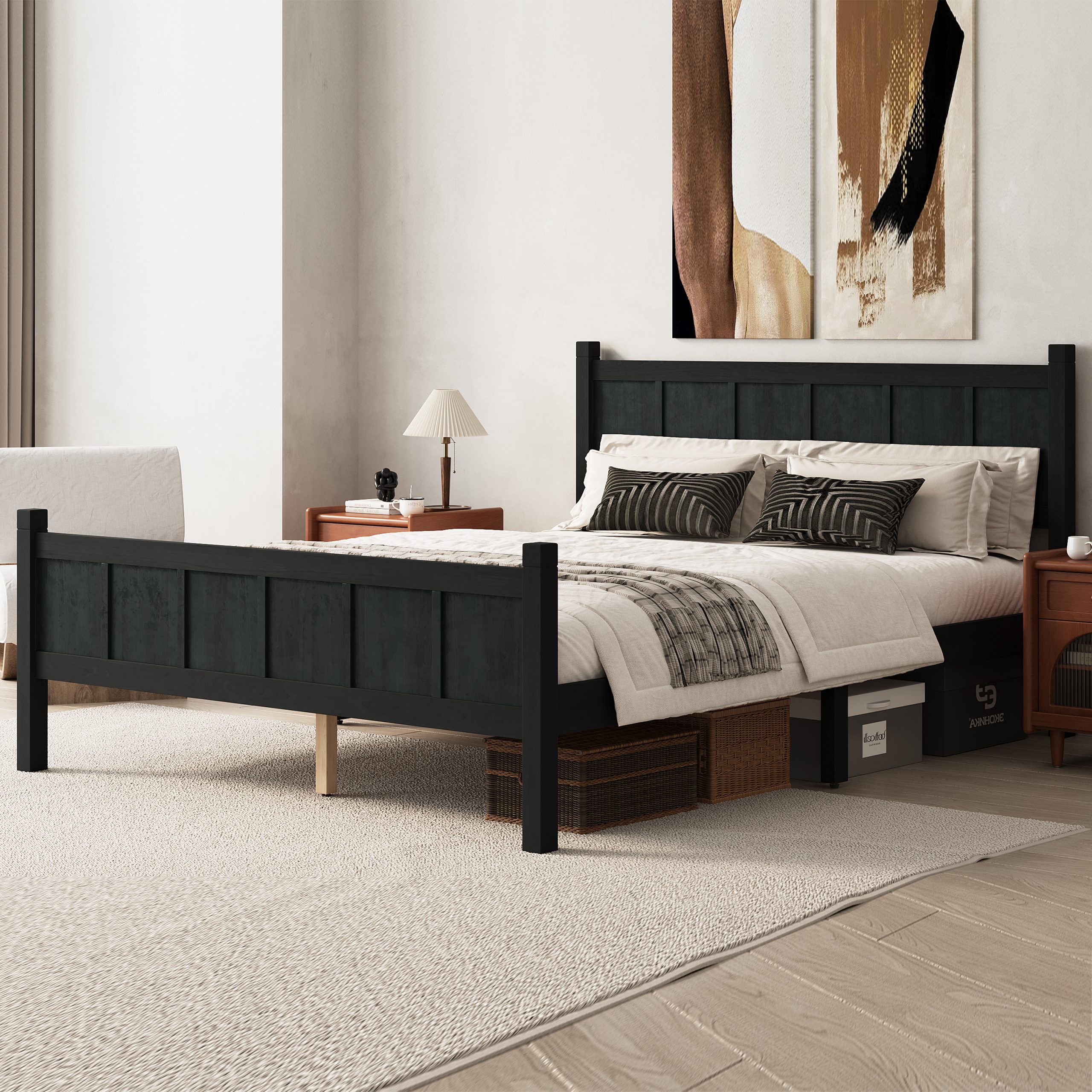 Queen Size Flat Panel Bed with Headboard & Footboard, Minimalist Modern Platform Bed with Wood Grain Finish, Shaker and Farmhouse Style Design, Sleek and Functional Bedroom Furniture,Black - Image 2