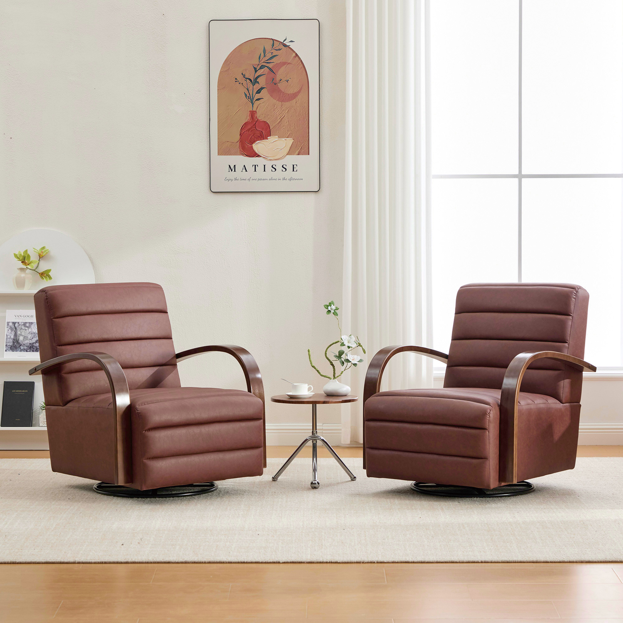 30.7"W Modern Upholstered 360° Swivel Accent Chair with Solid Wood Armrests and Comfy Channel Tufted Lounge Reading Chair, Single Sofa Armchair for Hotel Bedroom Living Room Office and Bedroom. Brown - Image 2