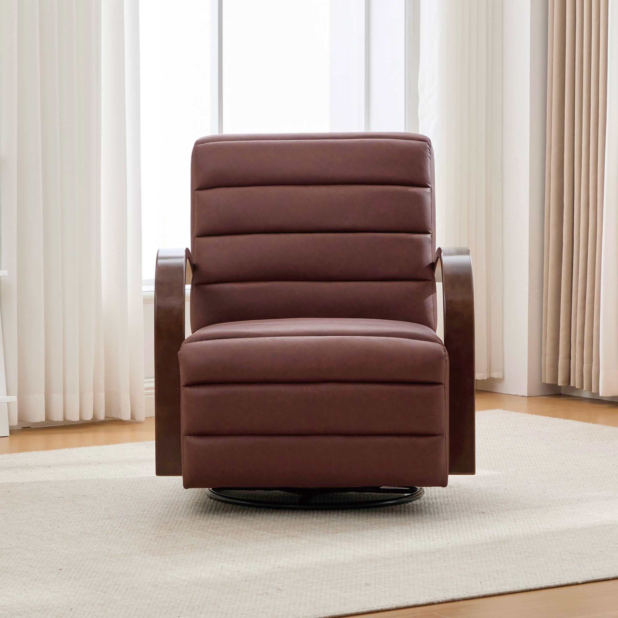 30.7"W Modern Upholstered 360° Swivel Accent Chair with Solid Wood Armrests and Comfy Channel Tufted Lounge Reading Chair, Single Sofa Armchair for Hotel Bedroom Living Room Office and Bedroom. Brown - Image 3