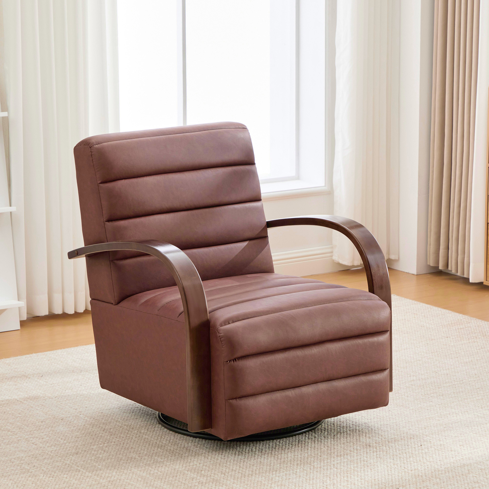 30.7"W Modern Upholstered 360° Swivel Accent Chair with Solid Wood Armrests and Comfy Channel Tufted Lounge Reading Chair, Single Sofa Armchair for Hotel Bedroom Living Room Office and Bedroom. Brown - Image 5