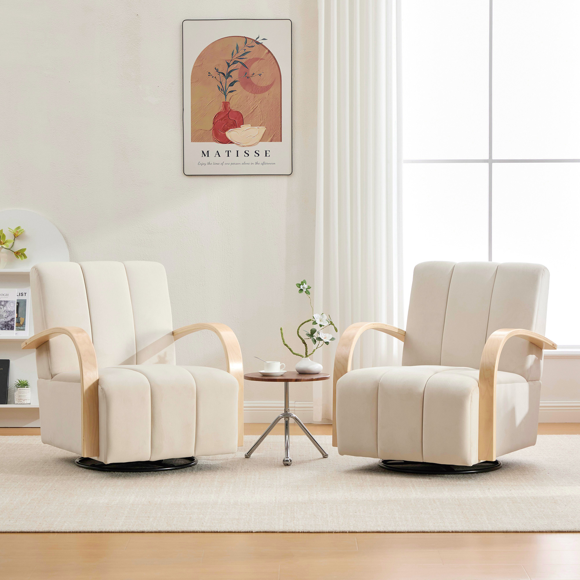 30.7"W Modern Upholstered 360° Swivel Accent Chair with Solid Wood Armrests and Comfy Channel Tufted Lounge Reading Chair, Single Sofa Armchair for Hotel Bedroom Living Room Office and Bedroom. Beige - Image 2