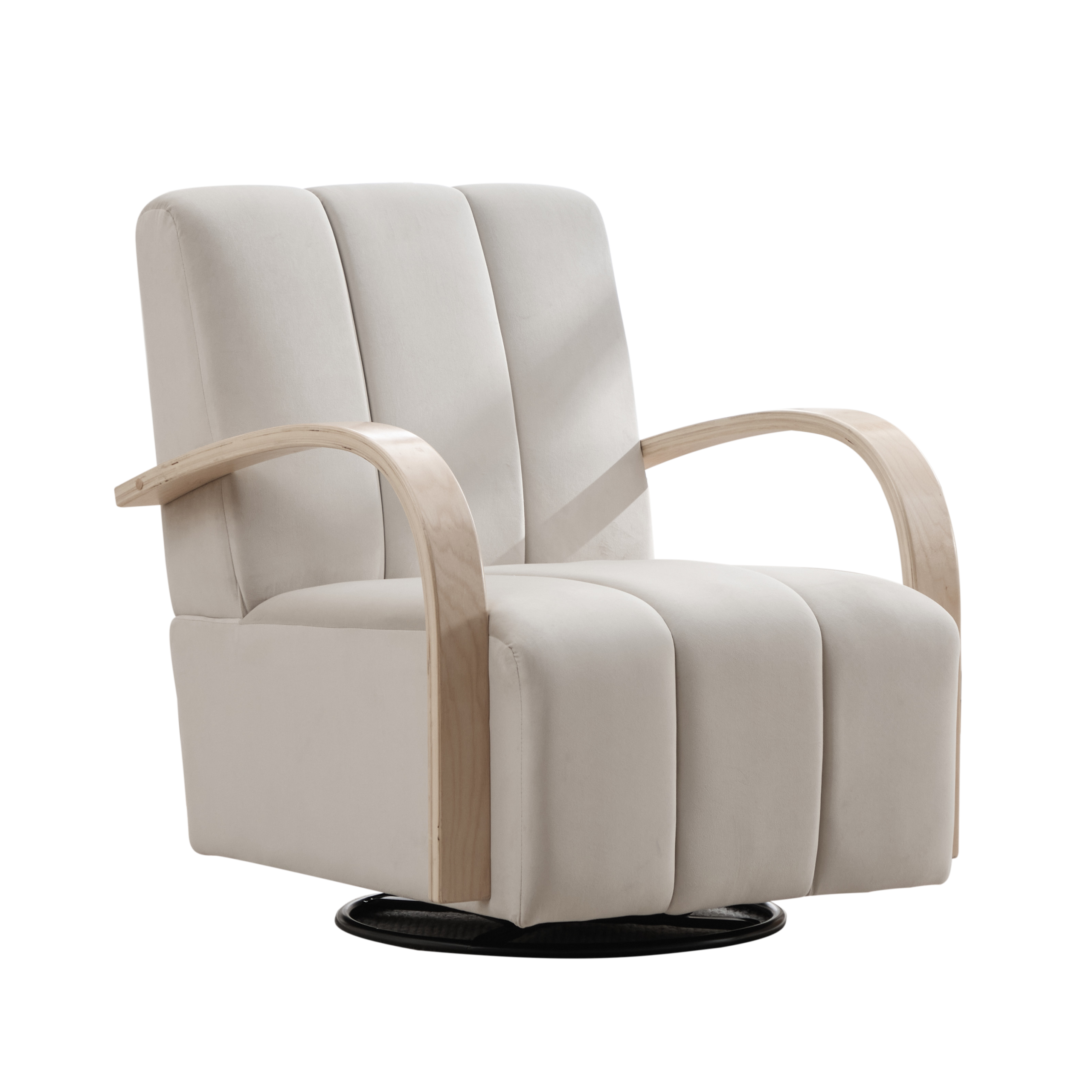 30.7"W Modern Upholstered 360° Swivel Accent Chair with Solid Wood Armrests and Comfy Channel Tufted Lounge Reading Chair, Single Sofa Armchair for Hotel Bedroom Living Room Office and Bedroom. Beige - Image 3