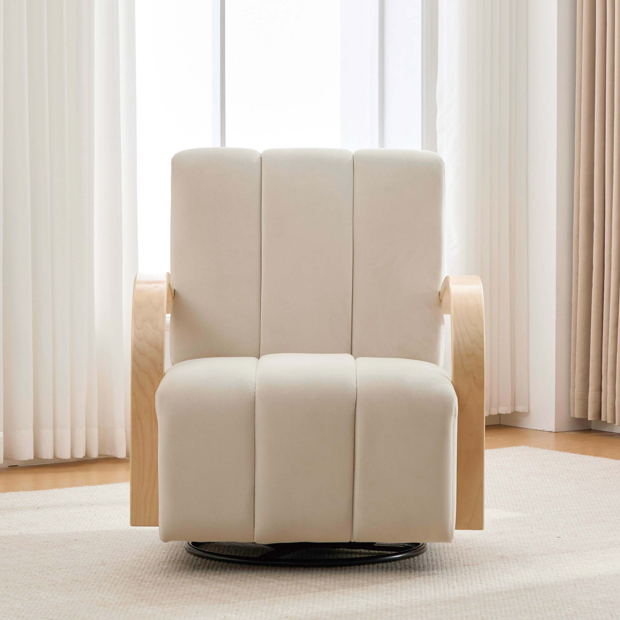 30.7"W Modern Upholstered 360° Swivel Accent Chair with Solid Wood Armrests and Comfy Channel Tufted Lounge Reading Chair, Single Sofa Armchair for Hotel Bedroom Living Room Office and Bedroom. Beige - Image 4