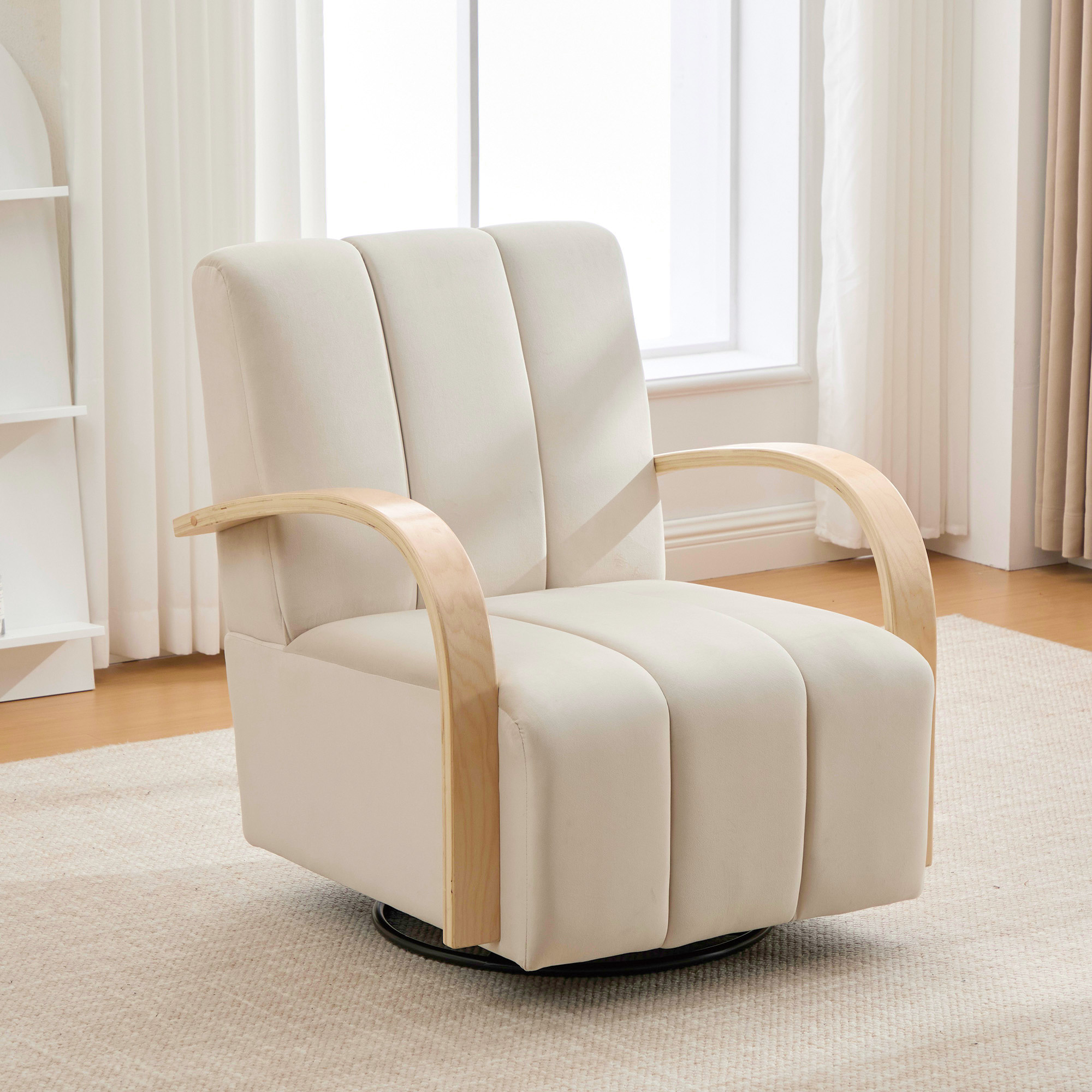30.7"W Modern Upholstered 360° Swivel Accent Chair with Solid Wood Armrests and Comfy Channel Tufted Lounge Reading Chair, Single Sofa Armchair for Hotel Bedroom Living Room Office and Bedroom. Beige - Image 5