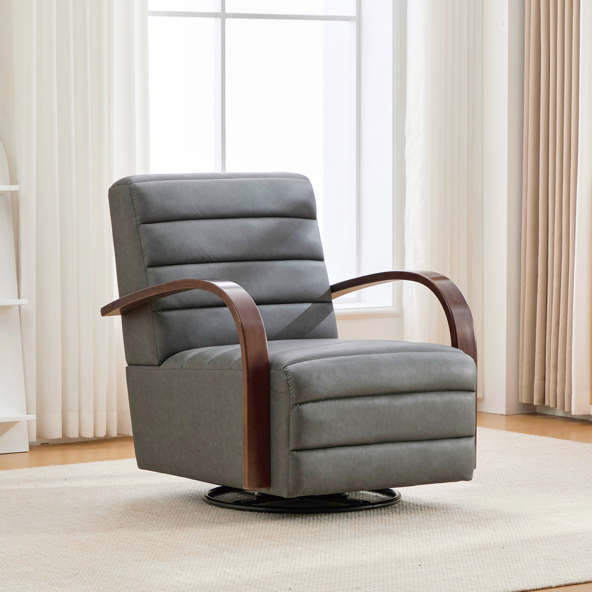 30.7″W Modern Upholstered 360° Swivel Accent Chair with Solid Wood Armrests and Comfy Channel Tufted Lounge Reading Chair, Single Sofa Armchair for Hotel Bedroom Living Room Office and Bedroom. Gray