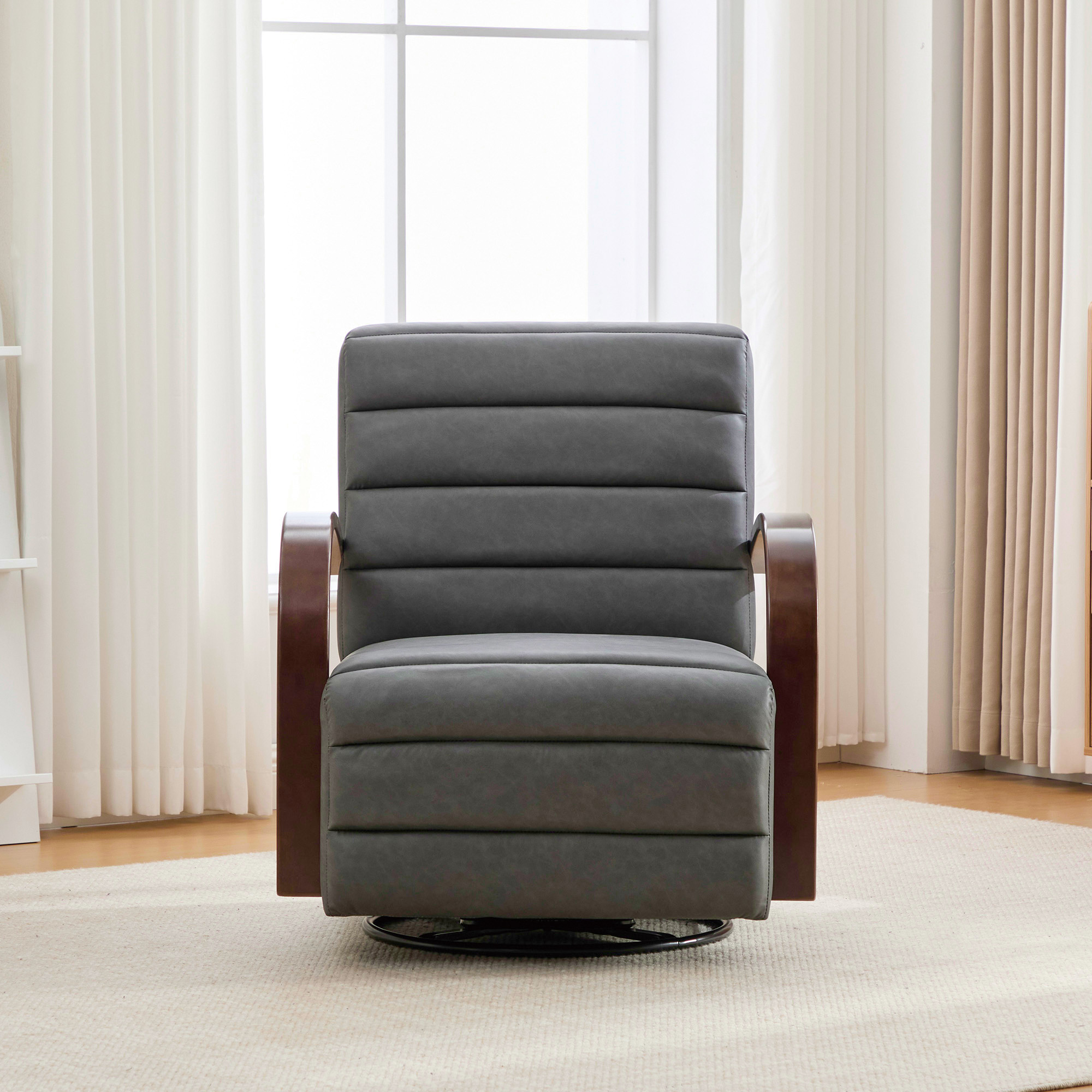 30.7"W Modern Upholstered 360° Swivel Accent Chair with Solid Wood Armrests and Comfy Channel Tufted Lounge Reading Chair, Single Sofa Armchair for Hotel Bedroom Living Room Office and Bedroom. Gray - Image 3