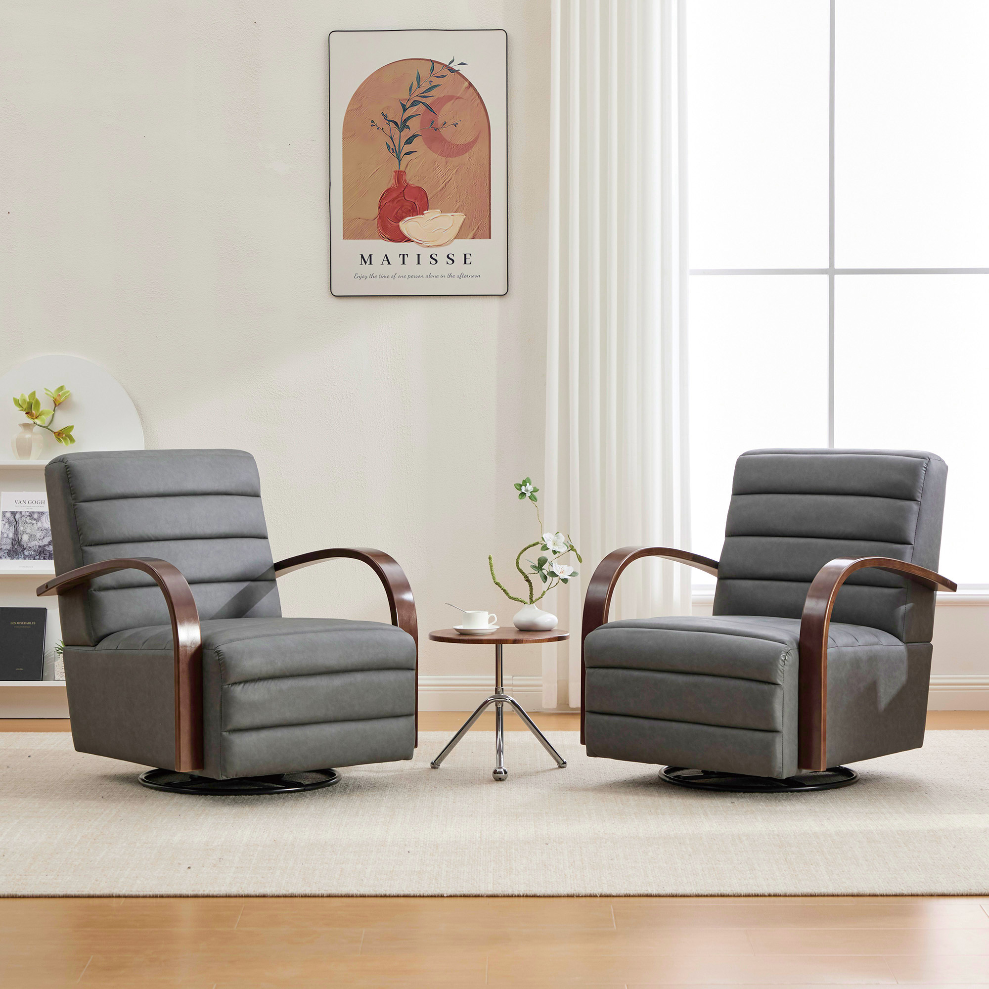30.7"W Modern Upholstered 360° Swivel Accent Chair with Solid Wood Armrests and Comfy Channel Tufted Lounge Reading Chair, Single Sofa Armchair for Hotel Bedroom Living Room Office and Bedroom. Gray - Image 2