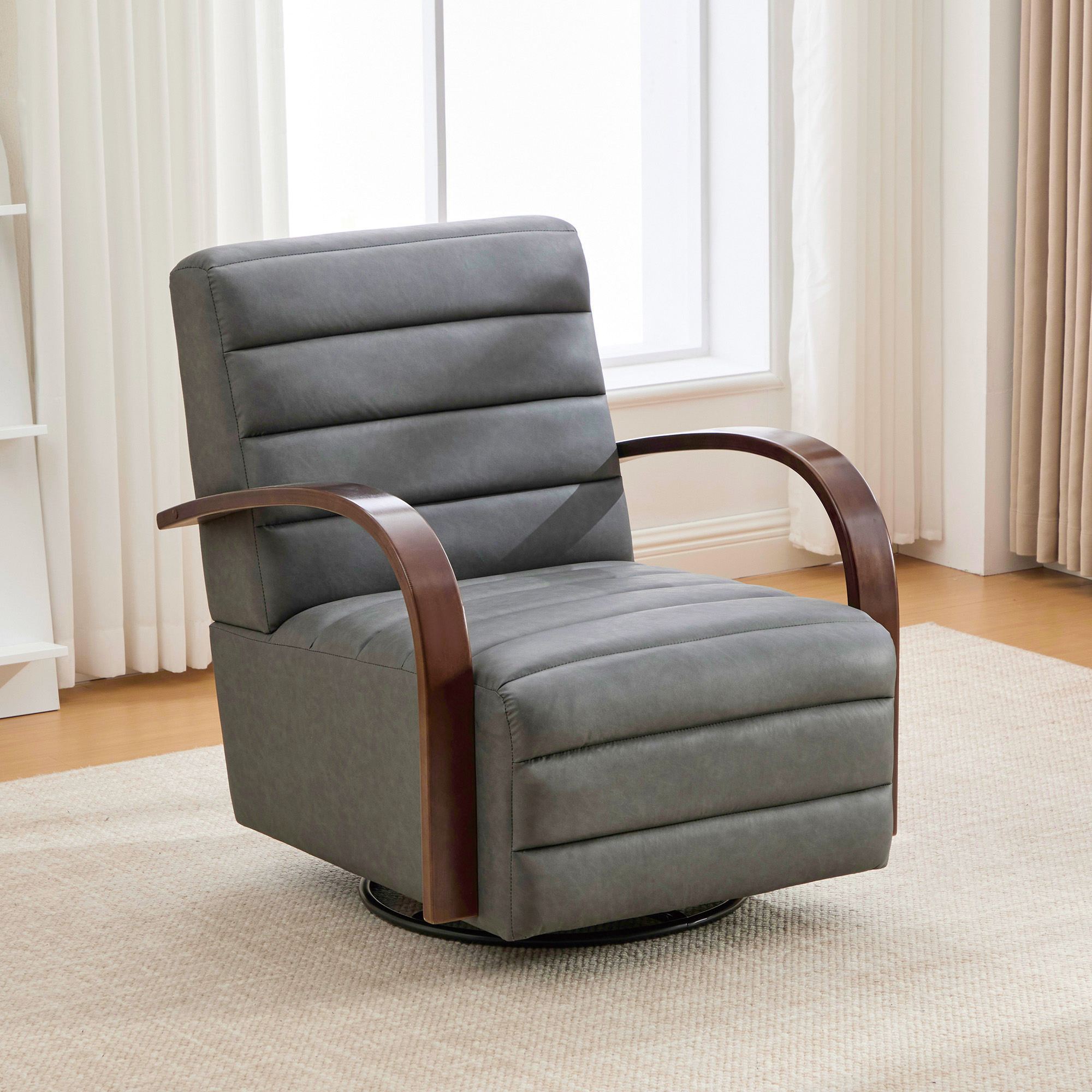 30.7"W Modern Upholstered 360° Swivel Accent Chair with Solid Wood Armrests and Comfy Channel Tufted Lounge Reading Chair, Single Sofa Armchair for Hotel Bedroom Living Room Office and Bedroom. Gray - Image 5