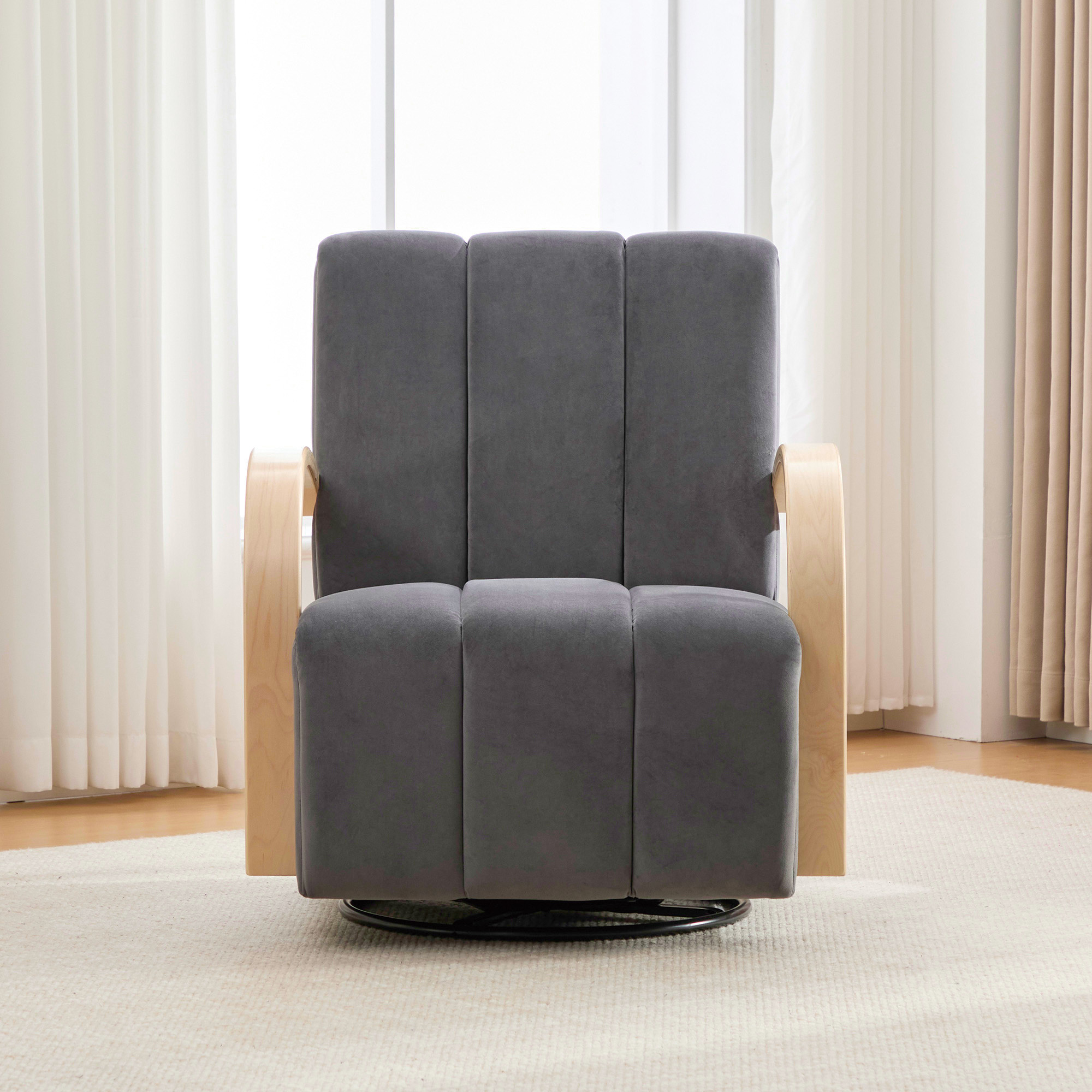 30.7"W Upholstered 360° Swivel Accent Chair with Solid Wood Armrests and Comfy Channel Tufted Lounge Reading Chair, Single Sofa Armchair for Hotel Bedroom Living Room Office and Bedroom. Charcoal - Image 3