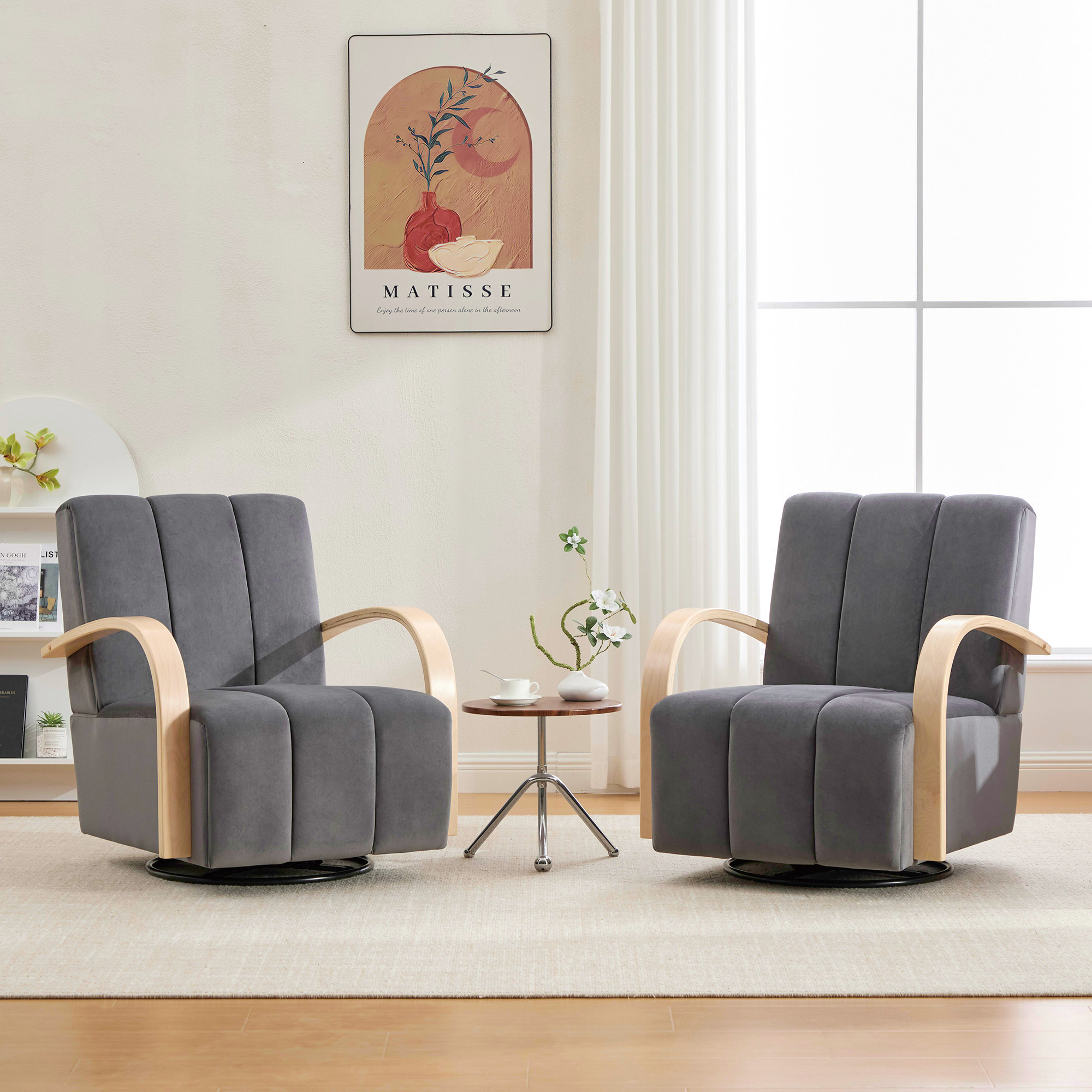 30.7"W Upholstered 360° Swivel Accent Chair with Solid Wood Armrests and Comfy Channel Tufted Lounge Reading Chair, Single Sofa Armchair for Hotel Bedroom Living Room Office and Bedroom. Charcoal - Image 2