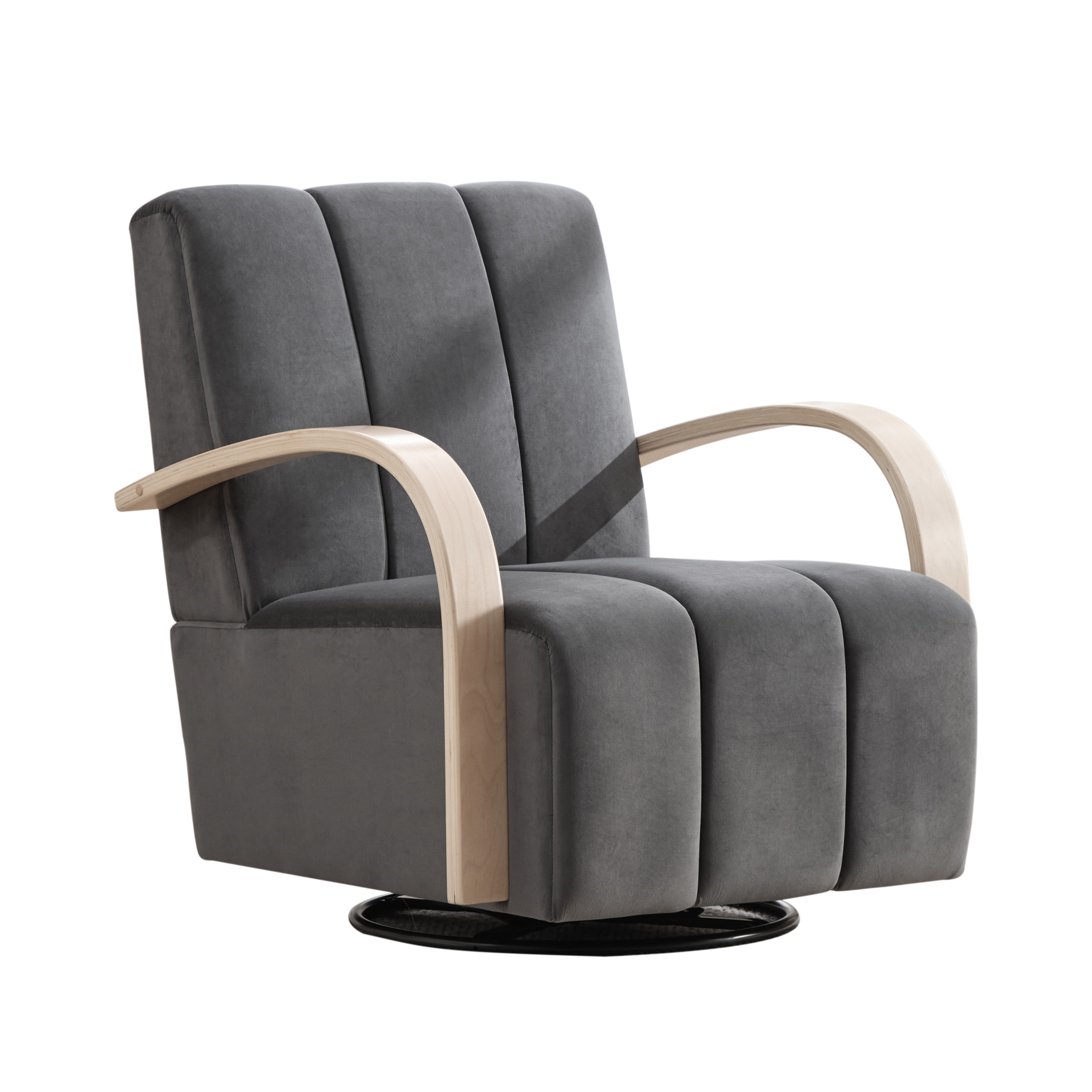 30.7"W Upholstered 360° Swivel Accent Chair with Solid Wood Armrests and Comfy Channel Tufted Lounge Reading Chair, Single Sofa Armchair for Hotel Bedroom Living Room Office and Bedroom. Charcoal - Image 4