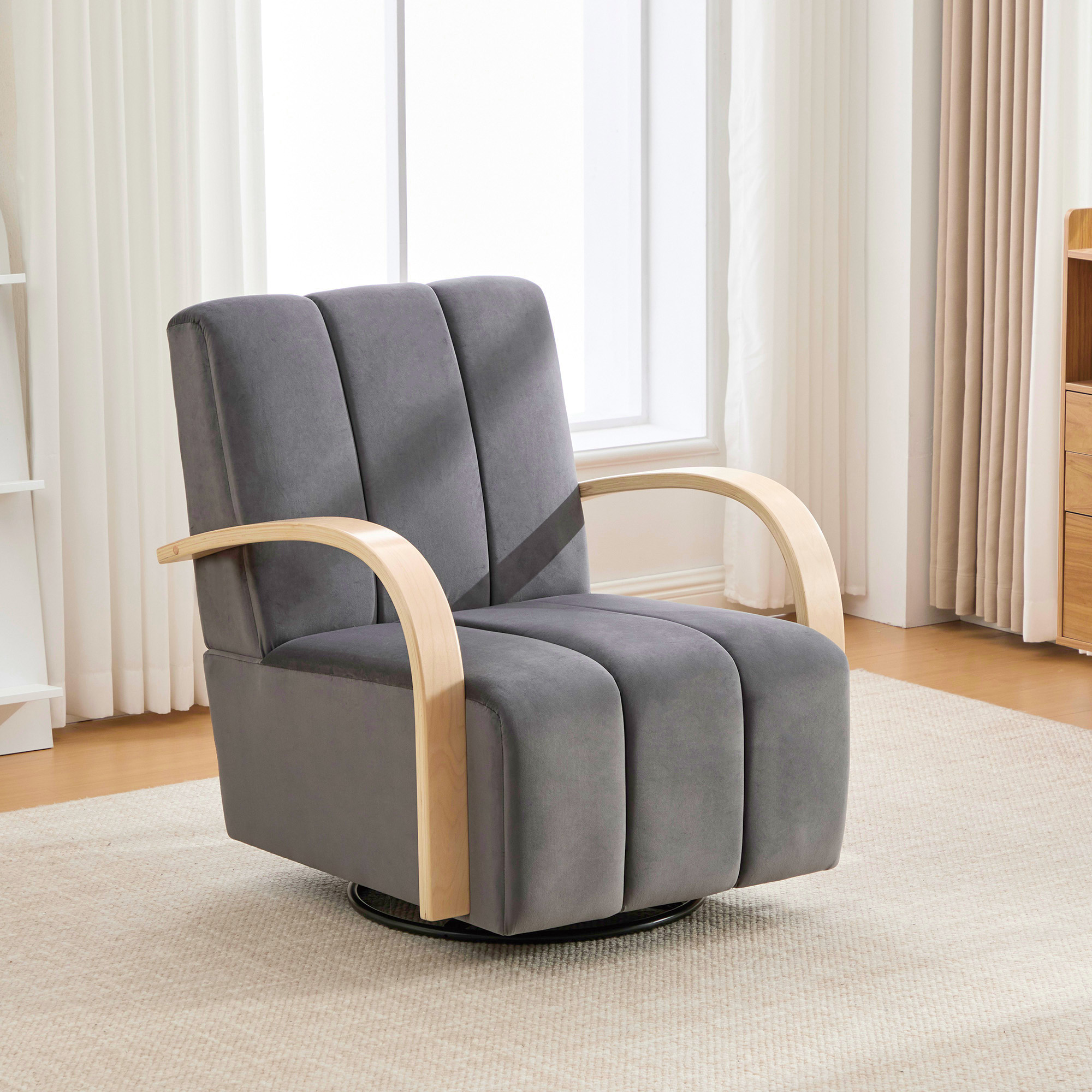 30.7"W Upholstered 360° Swivel Accent Chair with Solid Wood Armrests and Comfy Channel Tufted Lounge Reading Chair, Single Sofa Armchair for Hotel Bedroom Living Room Office and Bedroom. Charcoal - Image 5