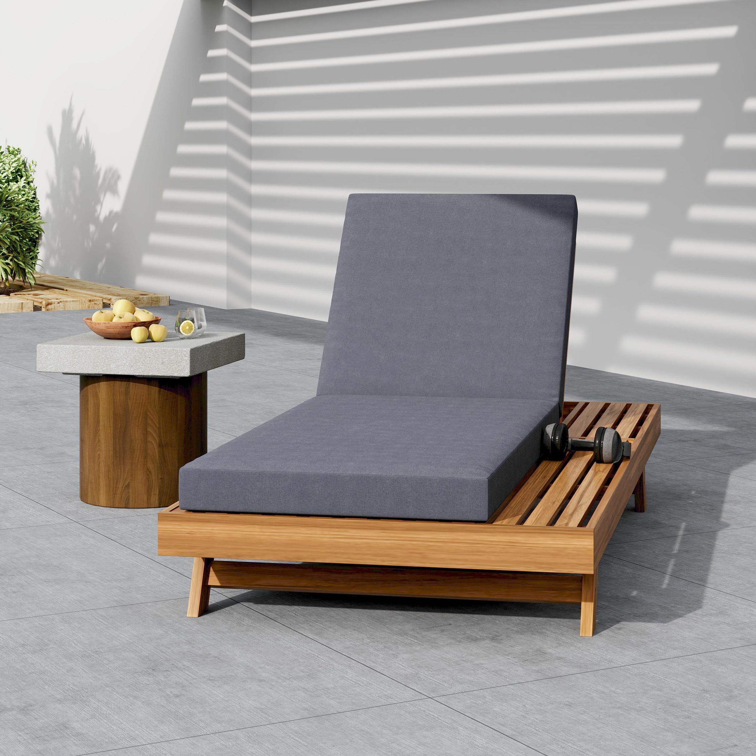 LOUNGE CHAISE SET,SPACE AVAILABLE ON ONE SIDE, ACACIA WOOD WITH WATER-RESISTANT LOUNGE CUSHIONS (Dark Grey/ & 4 INCH THICK) - MATCHING CREAM VERSION AVAILABLE - Image 2