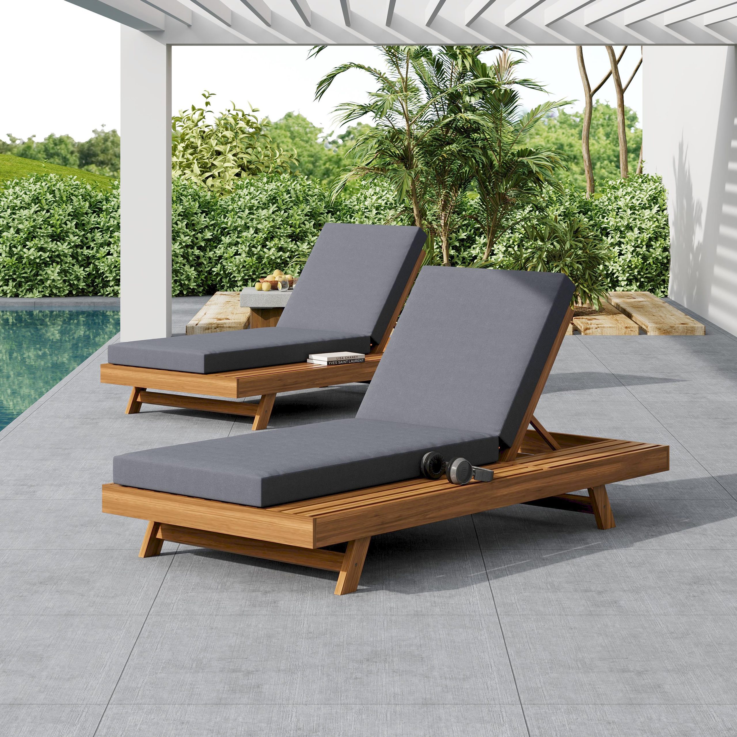 LOUNGE CHAISE SET,SPACE AVAILABLE ON ONE SIDE, ACACIA WOOD WITH WATER-RESISTANT LOUNGE CUSHIONS (Dark Grey/ & 4 INCH THICK) - MATCHING CREAM VERSION AVAILABLE - Image 5