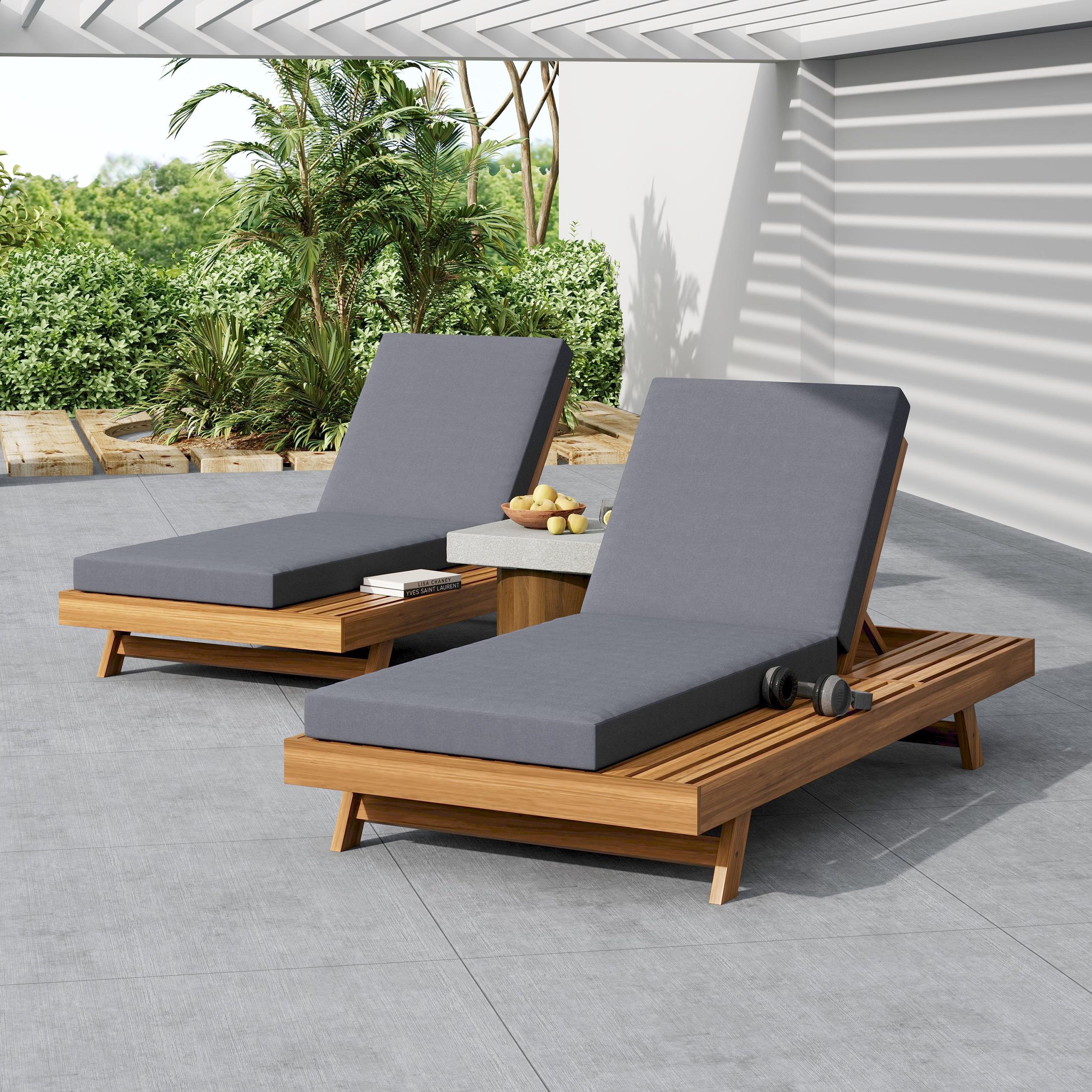 LOUNGE CHAISE SET,SPACE AVAILABLE ON ONE SIDE, ACACIA WOOD WITH WATER-RESISTANT LOUNGE CUSHIONS (Dark Grey/ & 4 INCH THICK) - MATCHING CREAM VERSION AVAILABLE - Image 6