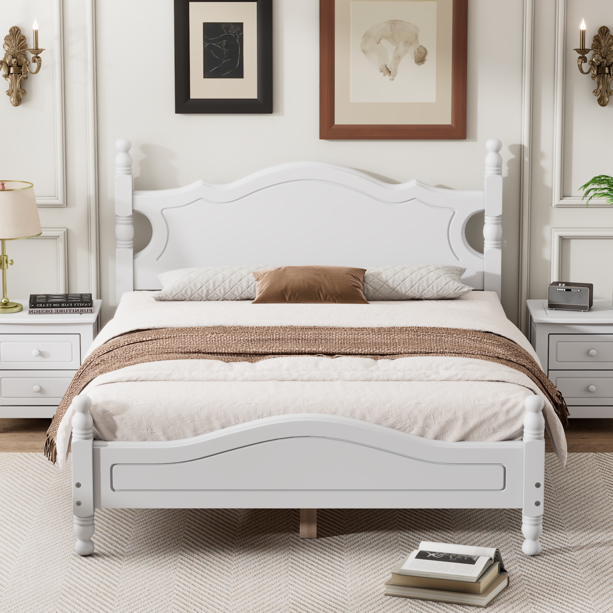 Full Size Wood Platform Bed Frame,Retro Style Platform Bed with Wooden Slat Support,White - Image 1