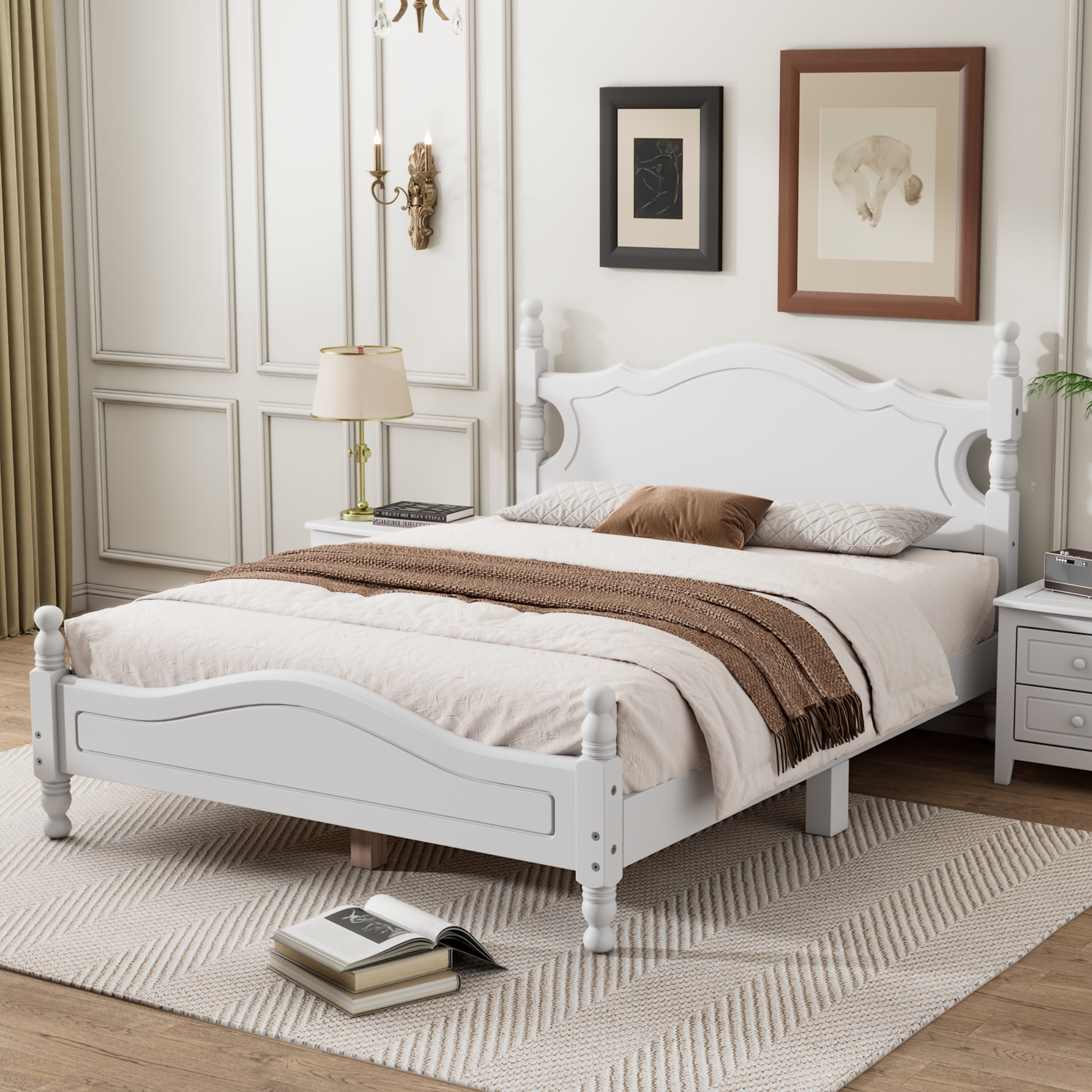 Full Size Wood Platform Bed Frame,Retro Style Platform Bed with Wooden Slat Support,White - Image 2