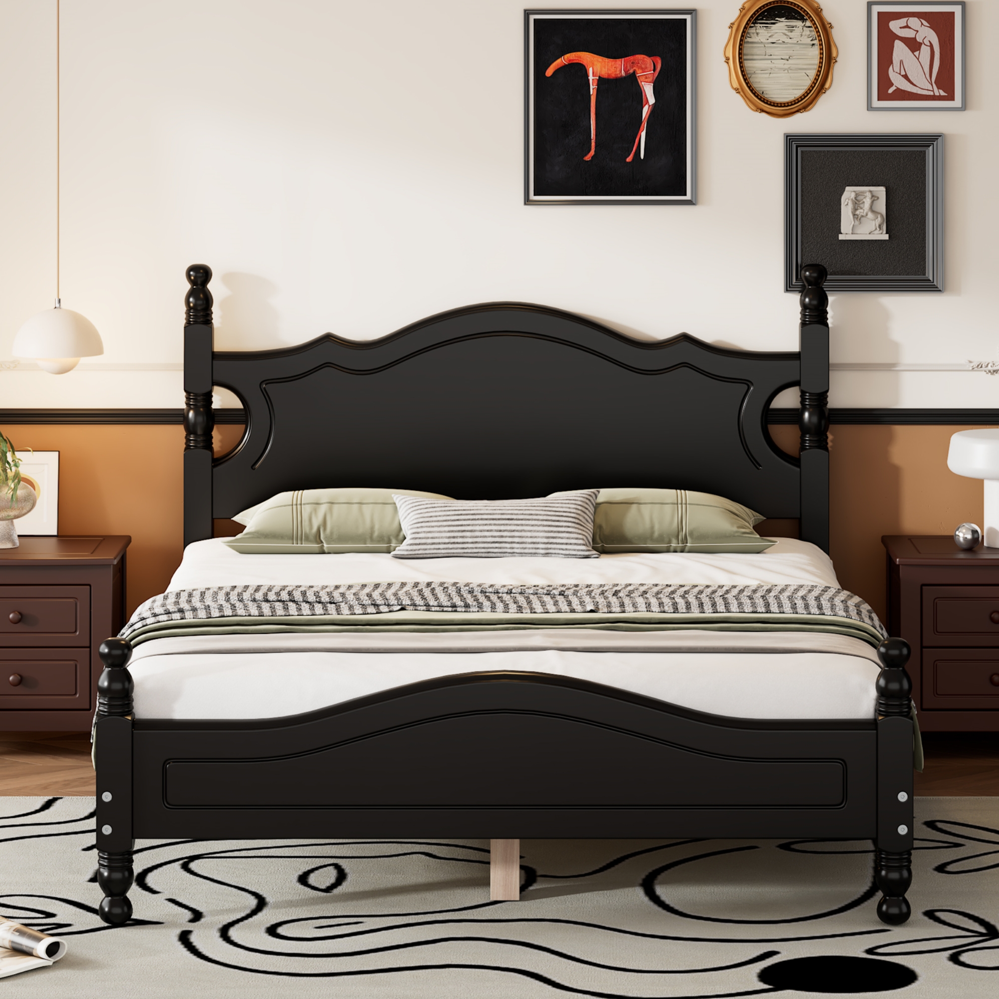 Full Size Wood Platform Bed Frame,Retro Style Platform Bed with Wooden Slat Support,Black - Image 1
