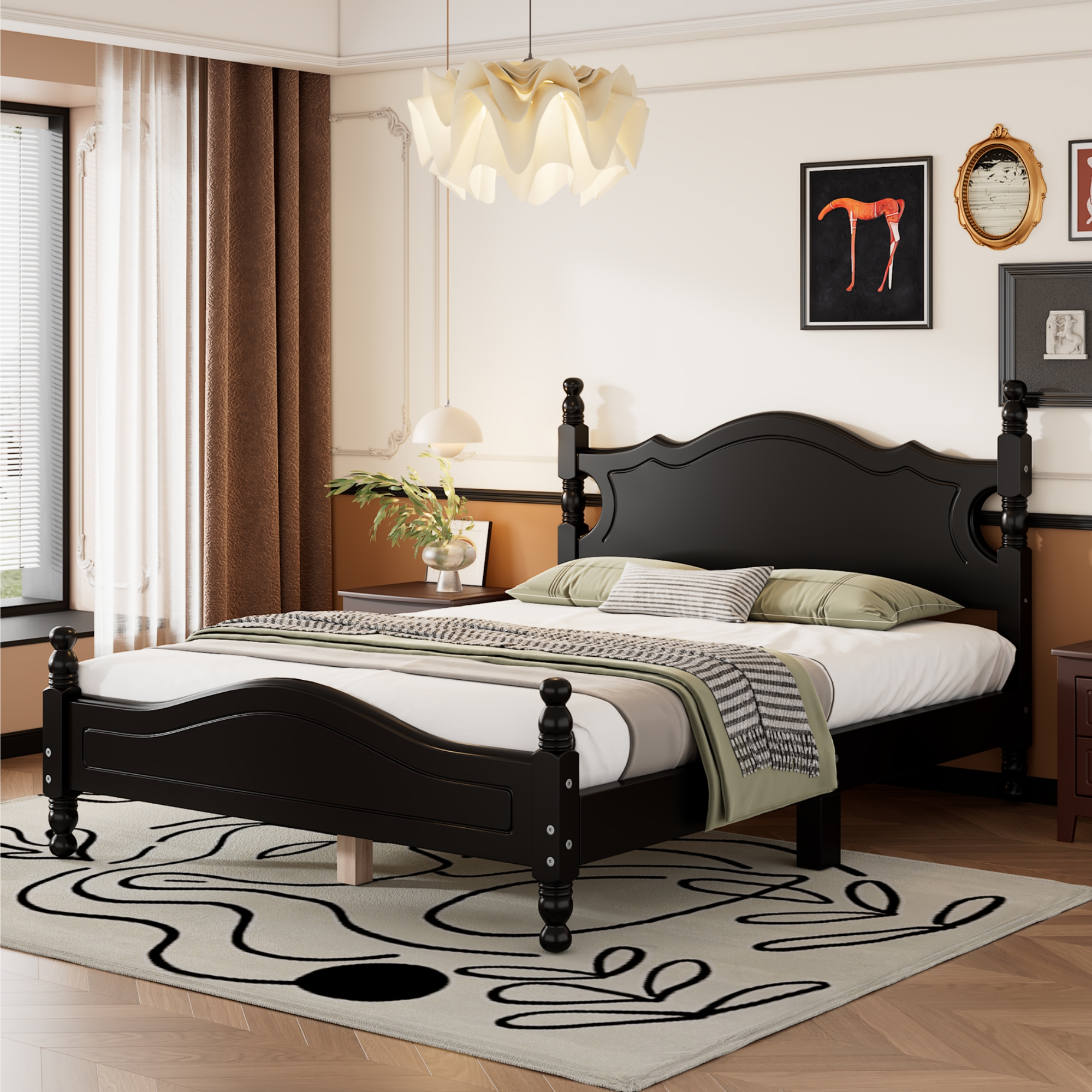 Full Size Wood Platform Bed Frame,Retro Style Platform Bed with Wooden Slat Support,Black - Image 2