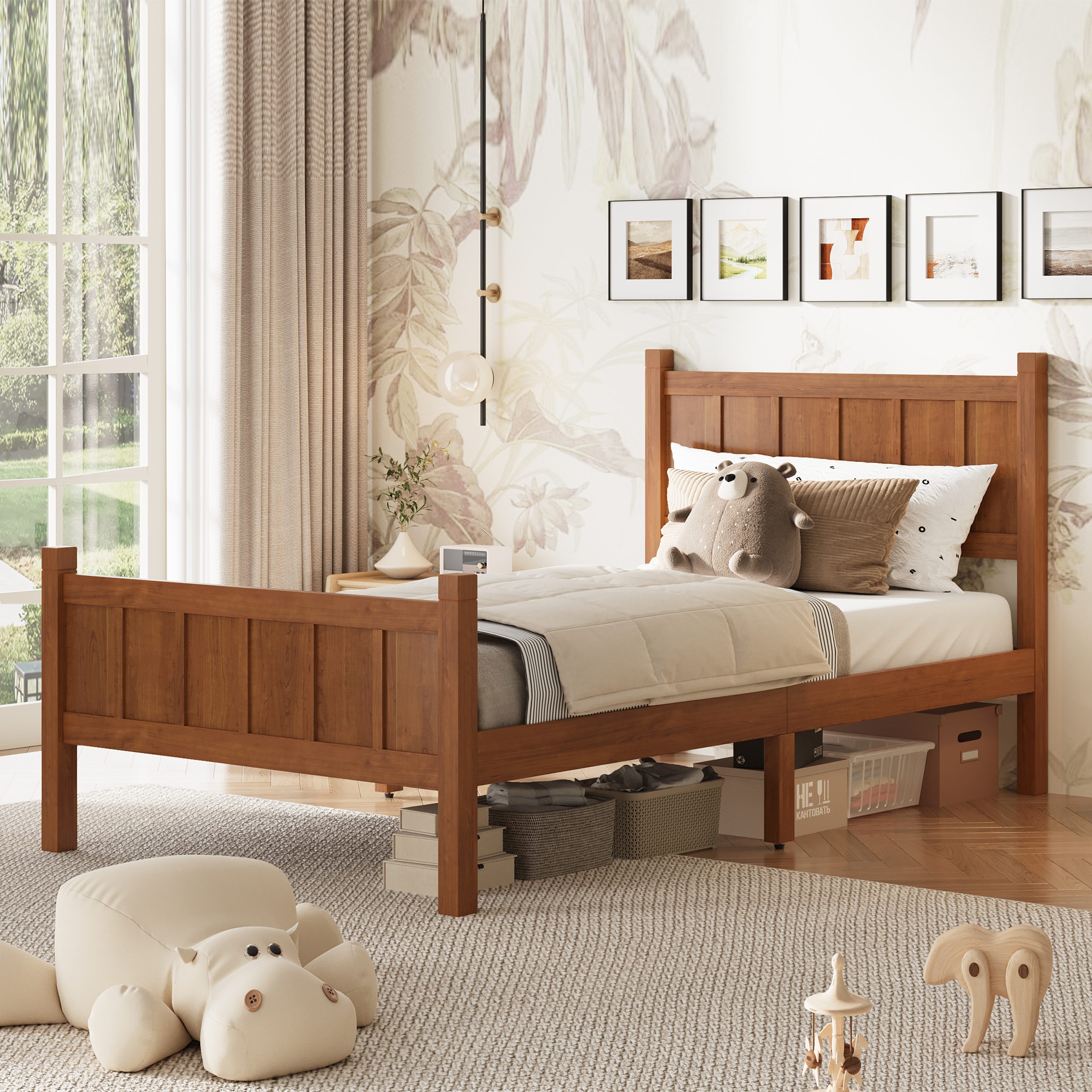 Twin Size Flat Panel Bed with Headboard & Footboard, Minimalist Modern Platform Bed with Wood Grain Finish, Shaker and Farmhouse Style Design, Sleek and Functional Bedroom Furniture,Light Walnut - Image 2