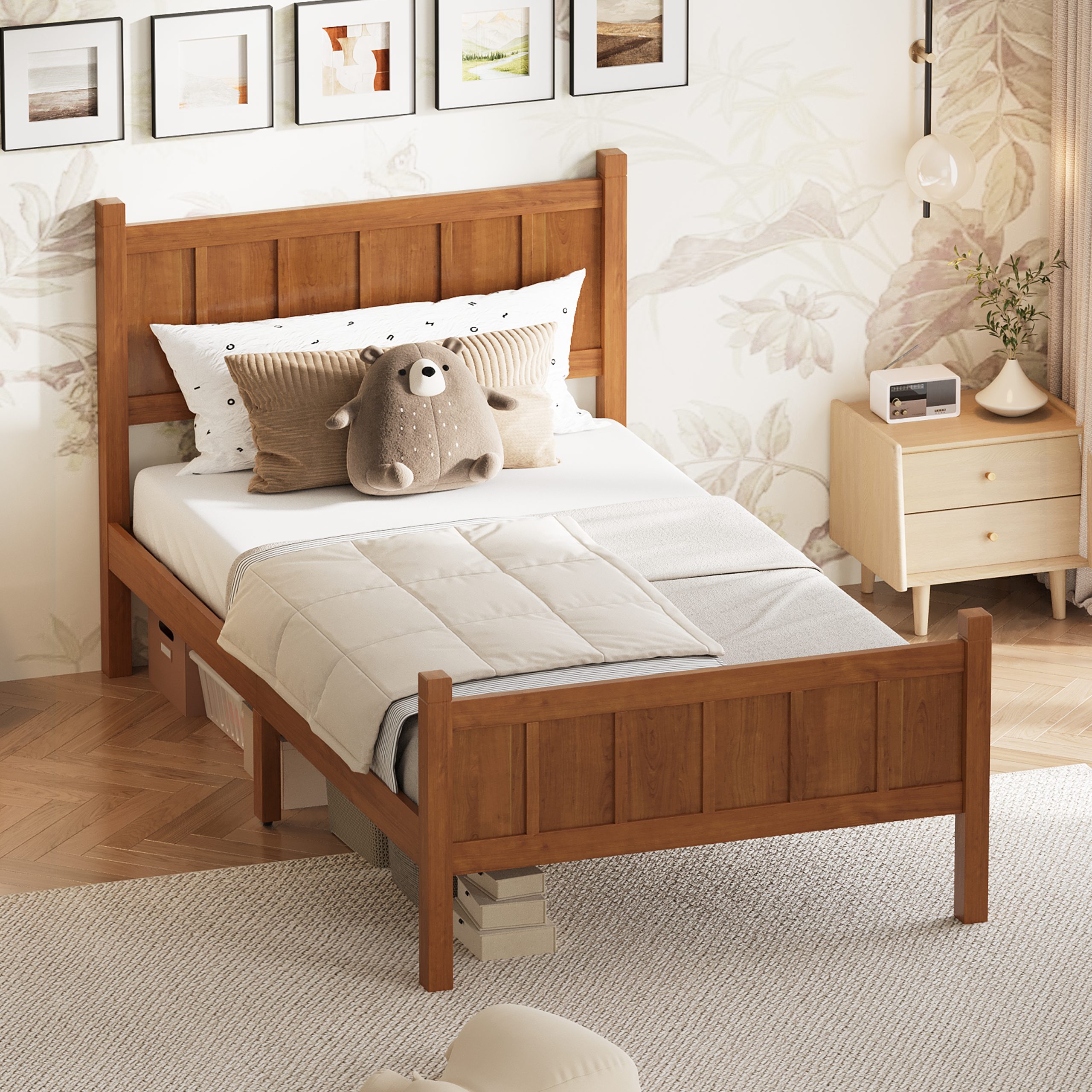 Twin Size Flat Panel Bed with Headboard & Footboard, Minimalist Modern Platform Bed with Wood Grain Finish, Shaker and Farmhouse Style Design, Sleek and Functional Bedroom Furniture,Light Walnut - Image 3