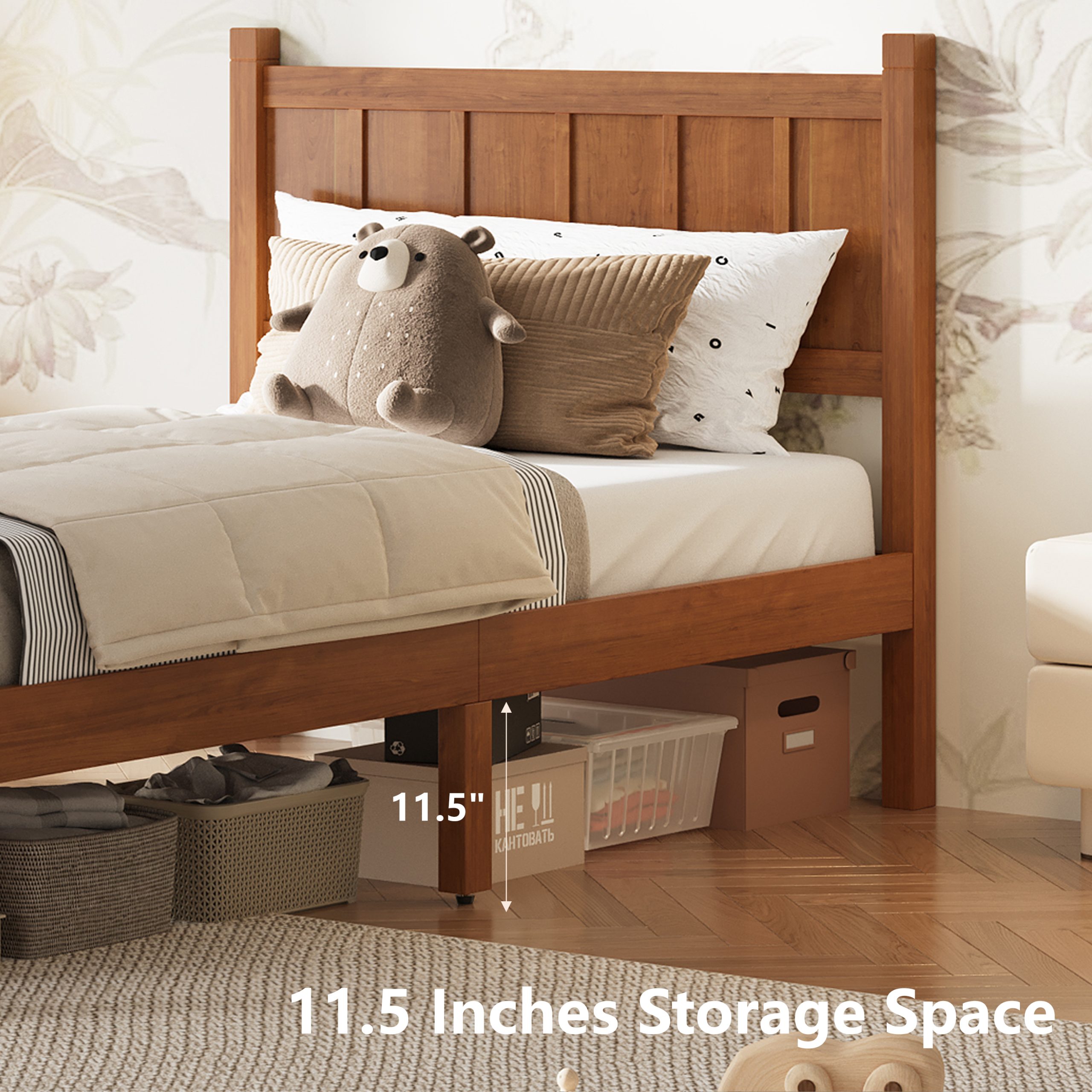 Twin Size Flat Panel Bed with Headboard & Footboard, Minimalist Modern Platform Bed with Wood Grain Finish, Shaker and Farmhouse Style Design, Sleek and Functional Bedroom Furniture,Light Walnut - Image 5