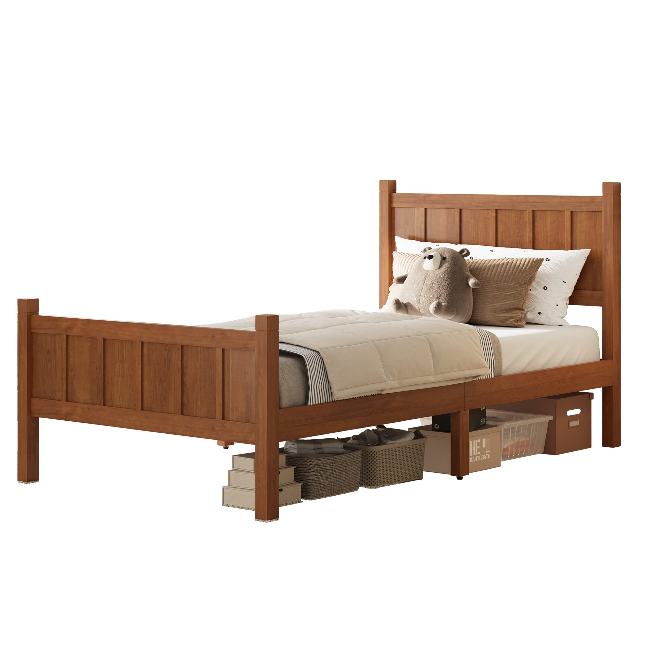 Twin Size Flat Panel Bed with Headboard & Footboard, Minimalist Modern Platform Bed with Wood Grain Finish, Shaker and Farmhouse Style Design, Sleek and Functional Bedroom Furniture,Light Walnut - Image 6