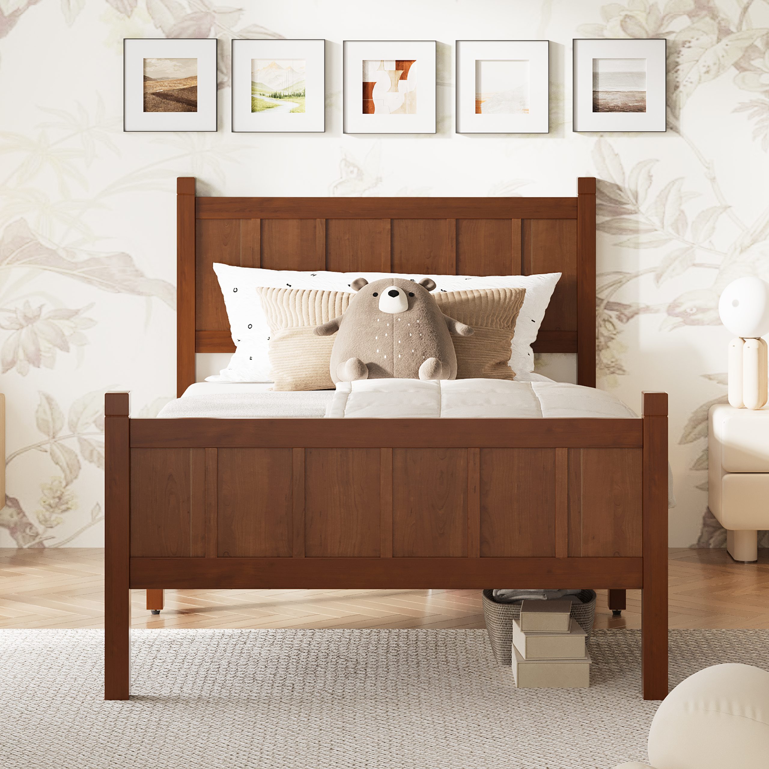 Twin Size Flat Panel Bed with Headboard & Footboard, Minimalist Modern Platform Bed with Wood Grain Finish, Shaker and Farmhouse Style Design, Sleek and Functional Bedroom Furniture,Dark Walnut
