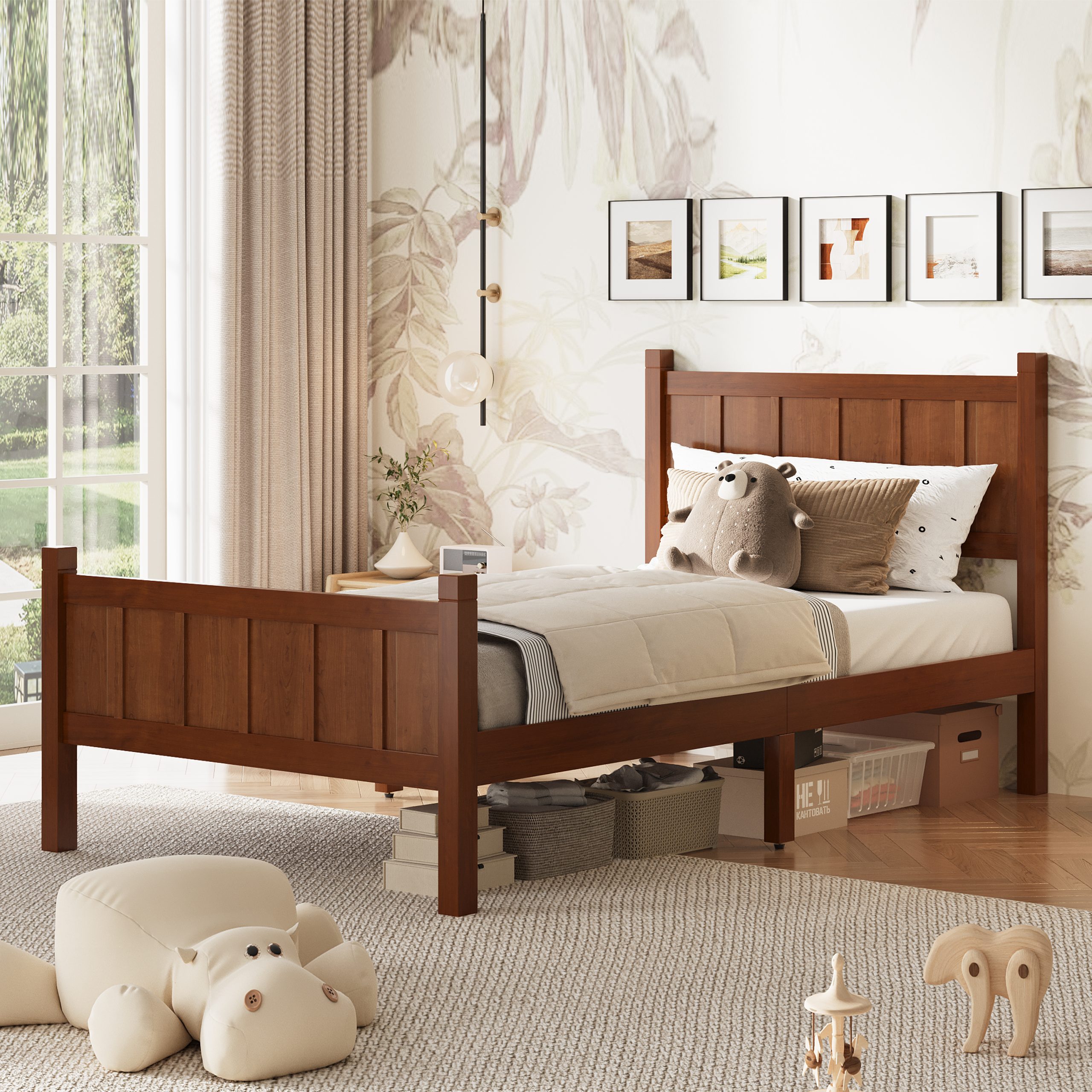 Twin Size Flat Panel Bed with Headboard & Footboard, Minimalist Modern Platform Bed with Wood Grain Finish, Shaker and Farmhouse Style Design, Sleek and Functional Bedroom Furniture,Dark Walnut - Image 2