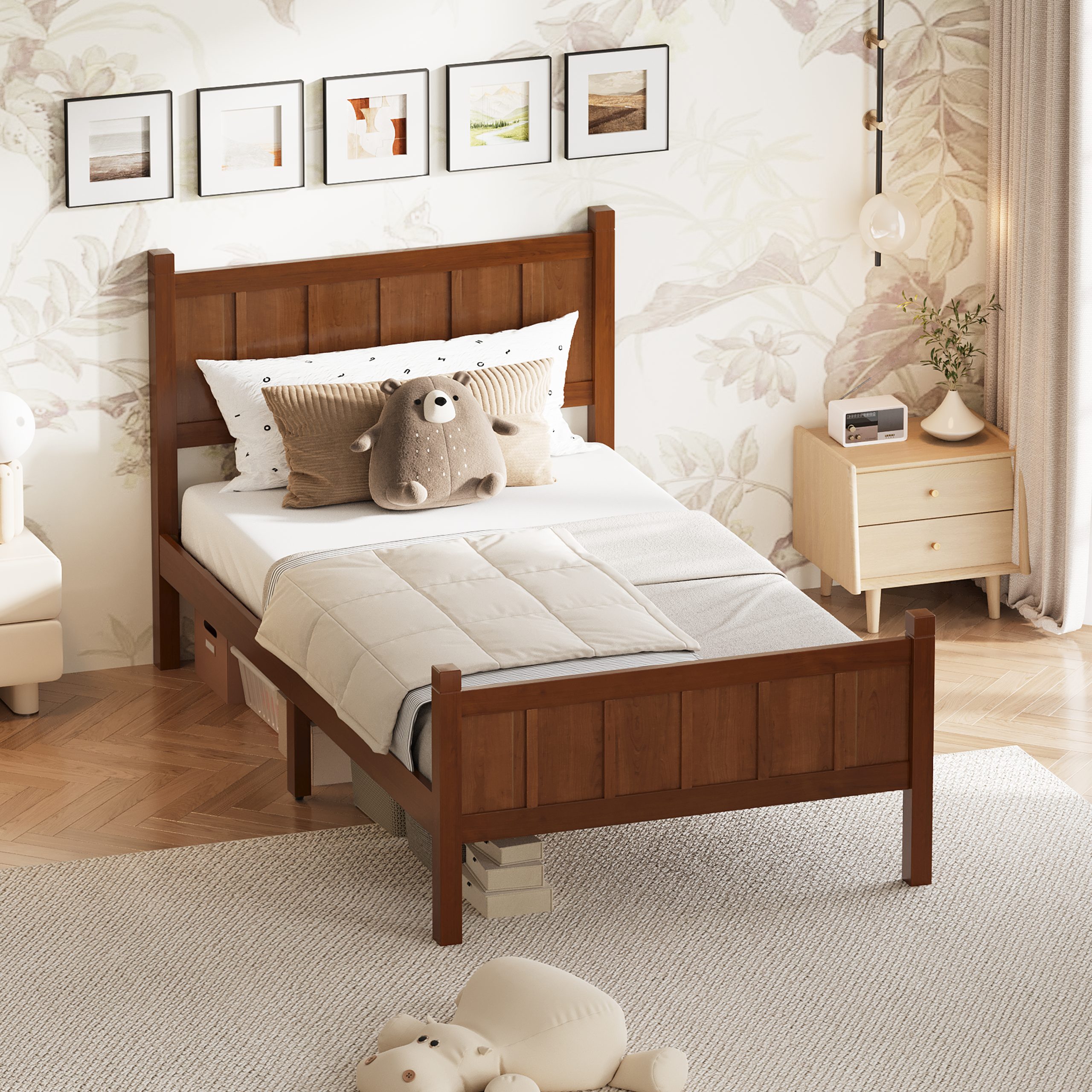 Twin Size Flat Panel Bed with Headboard & Footboard, Minimalist Modern Platform Bed with Wood Grain Finish, Shaker and Farmhouse Style Design, Sleek and Functional Bedroom Furniture,Dark Walnut - Image 3