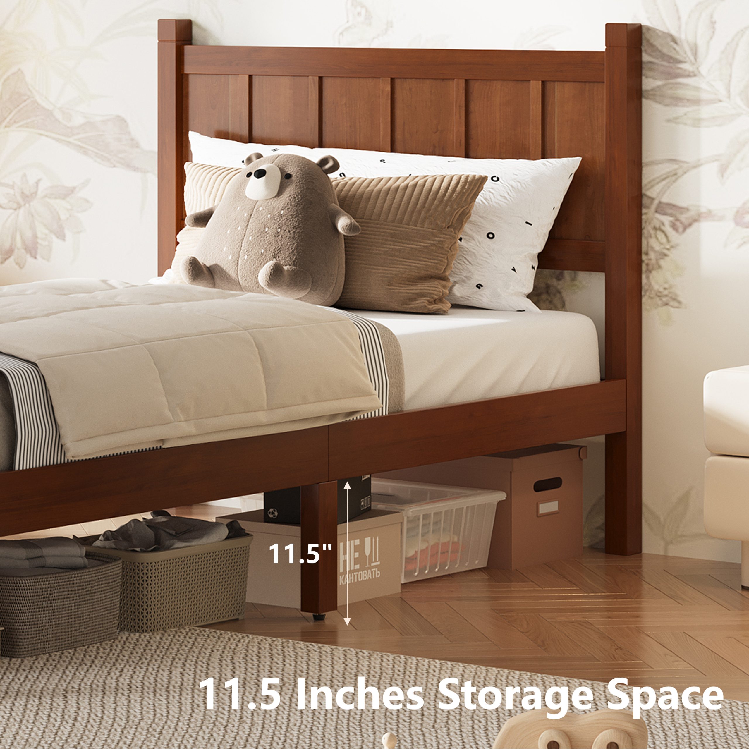 Twin Size Flat Panel Bed with Headboard & Footboard, Minimalist Modern Platform Bed with Wood Grain Finish, Shaker and Farmhouse Style Design, Sleek and Functional Bedroom Furniture,Dark Walnut - Image 4