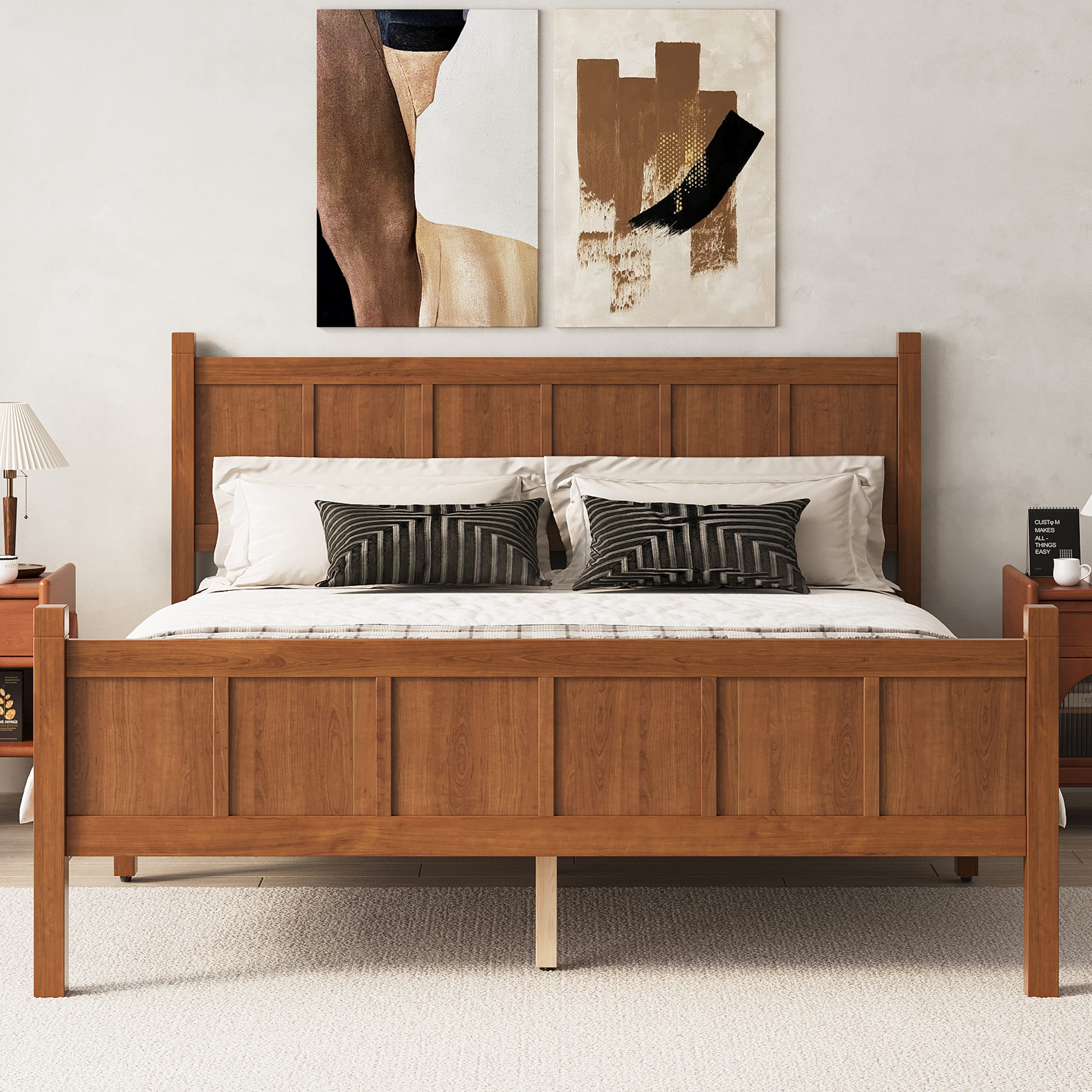 Queen Size Flat Panel Bed with Headboard & Footboard, Minimalist Modern Platform Bed with Wood Grain Finish, Shaker and Farmhouse Style Design, Sleek and Functional Bedroom Furniture,Light Walnut