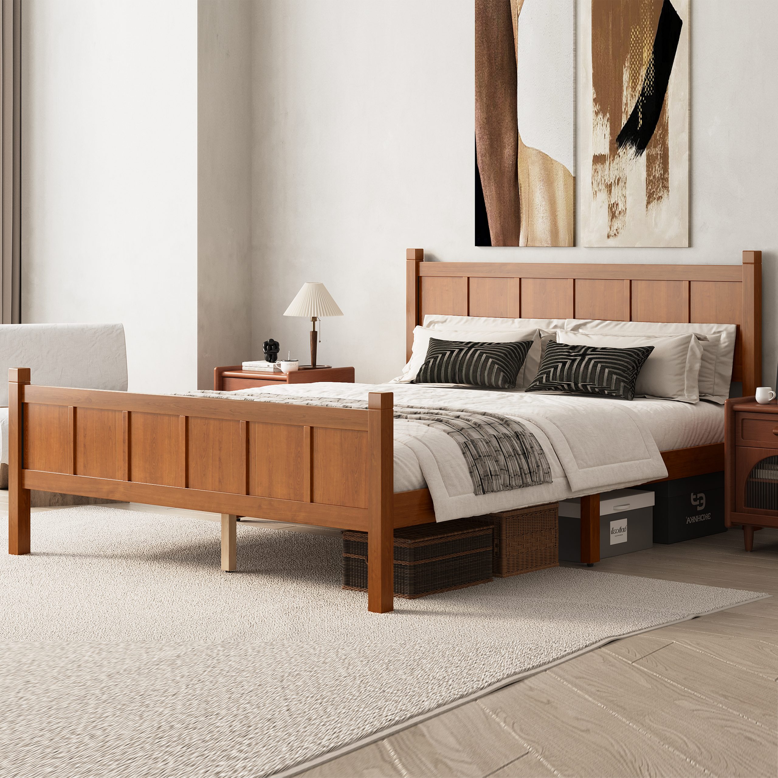 Queen Size Flat Panel Bed with Headboard & Footboard, Minimalist Modern Platform Bed with Wood Grain Finish, Shaker and Farmhouse Style Design, Sleek and Functional Bedroom Furniture,Light Walnut - Image 2