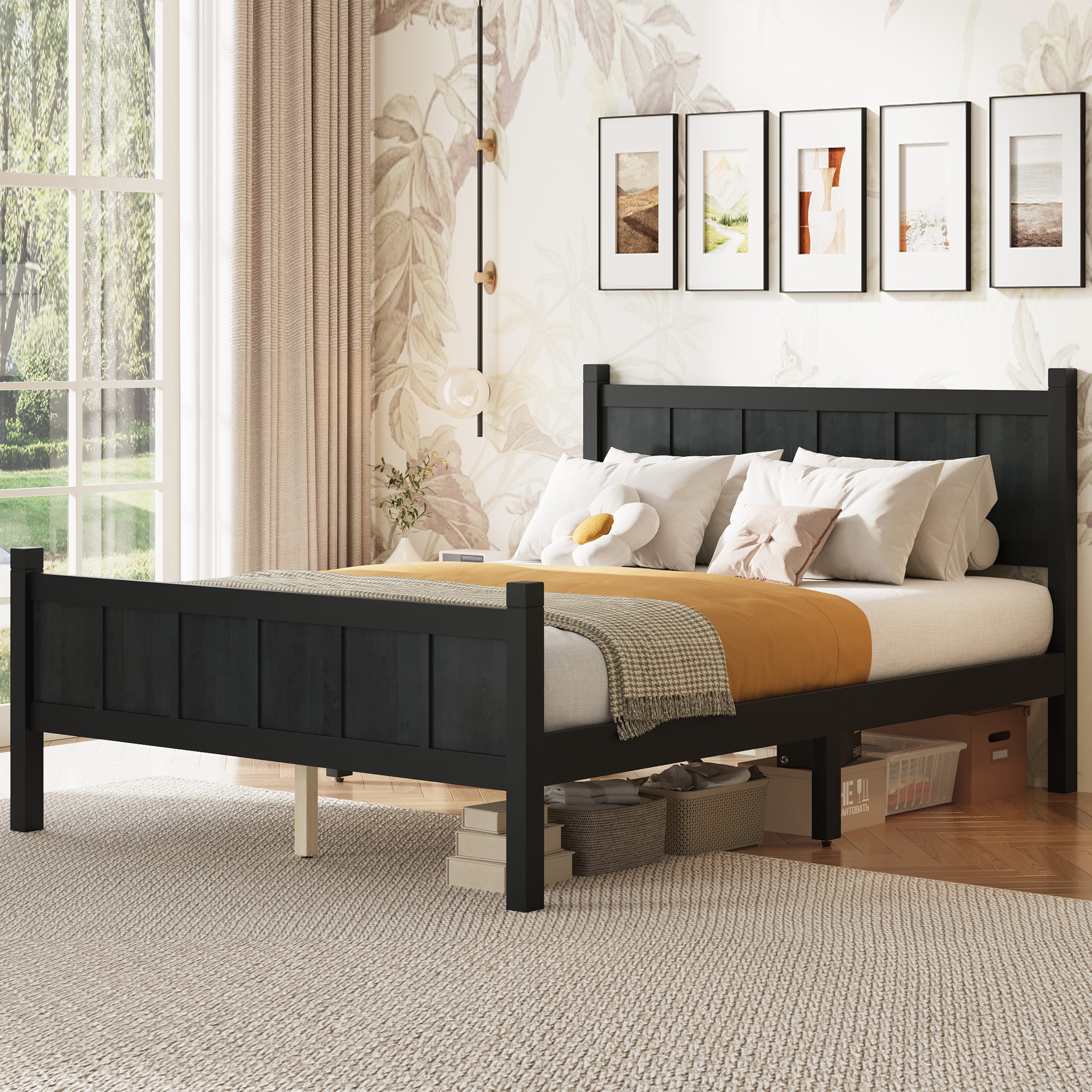 Full Size Flat Panel Bed with Headboard & Footboard, Minimalist Modern Platform Bed with Wood Grain Finish, Shaker and Farmhouse Style Design, Sleek and Functional Bedroom Furniture,Black - Image 2