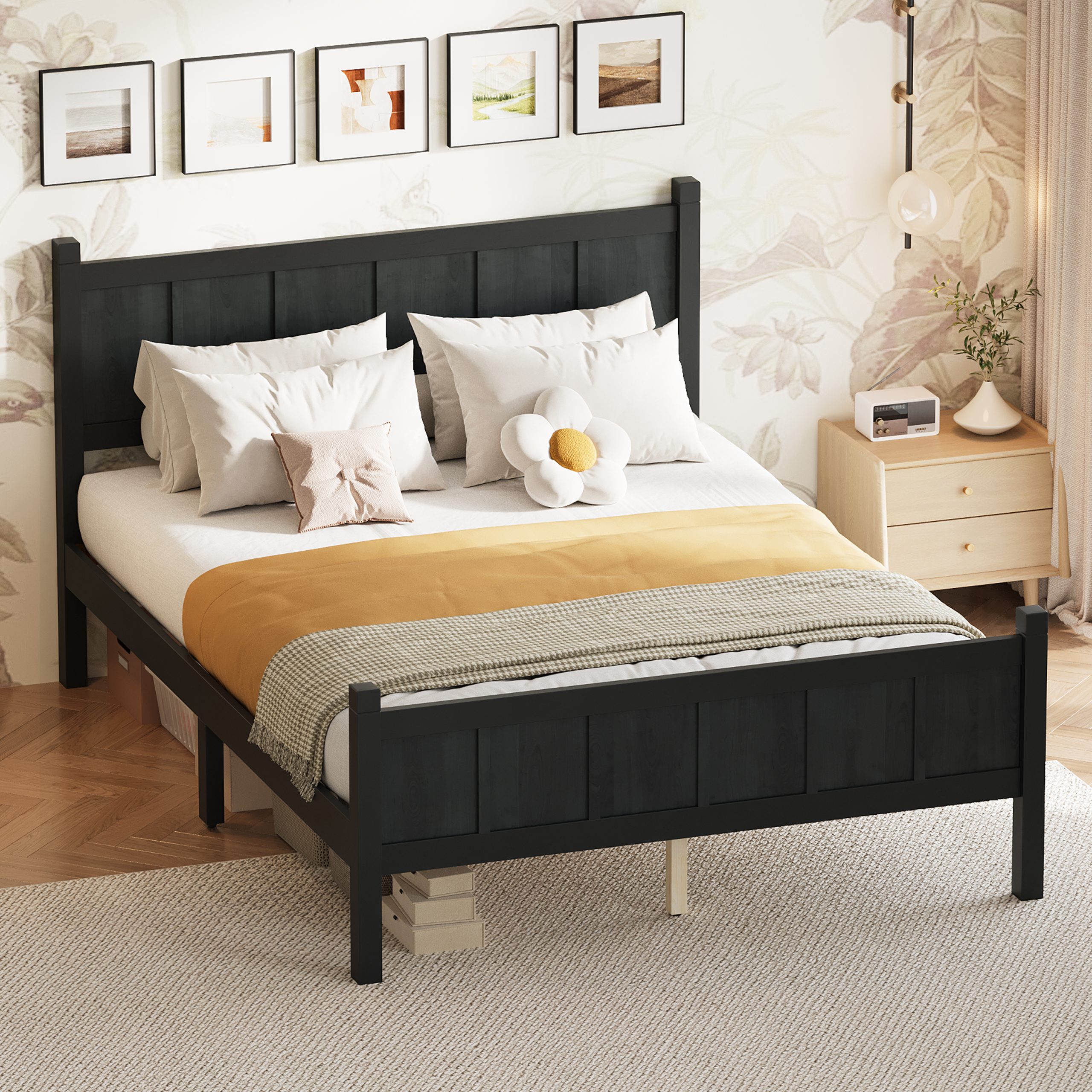 Full Size Flat Panel Bed with Headboard & Footboard, Minimalist Modern Platform Bed with Wood Grain Finish, Shaker and Farmhouse Style Design, Sleek and Functional Bedroom Furniture,Black - Image 3