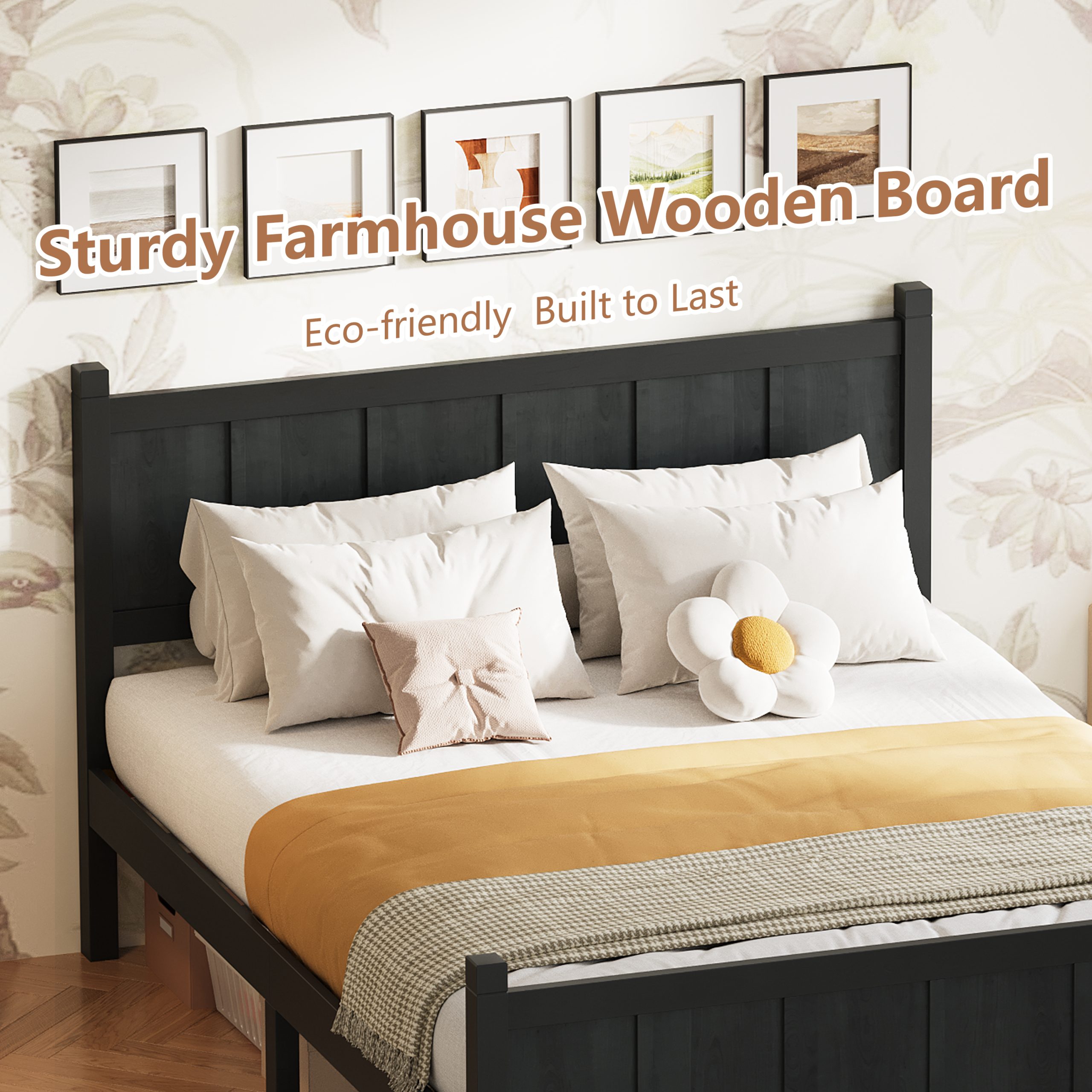 Full Size Flat Panel Bed with Headboard & Footboard, Minimalist Modern Platform Bed with Wood Grain Finish, Shaker and Farmhouse Style Design, Sleek and Functional Bedroom Furniture,Black - Image 4