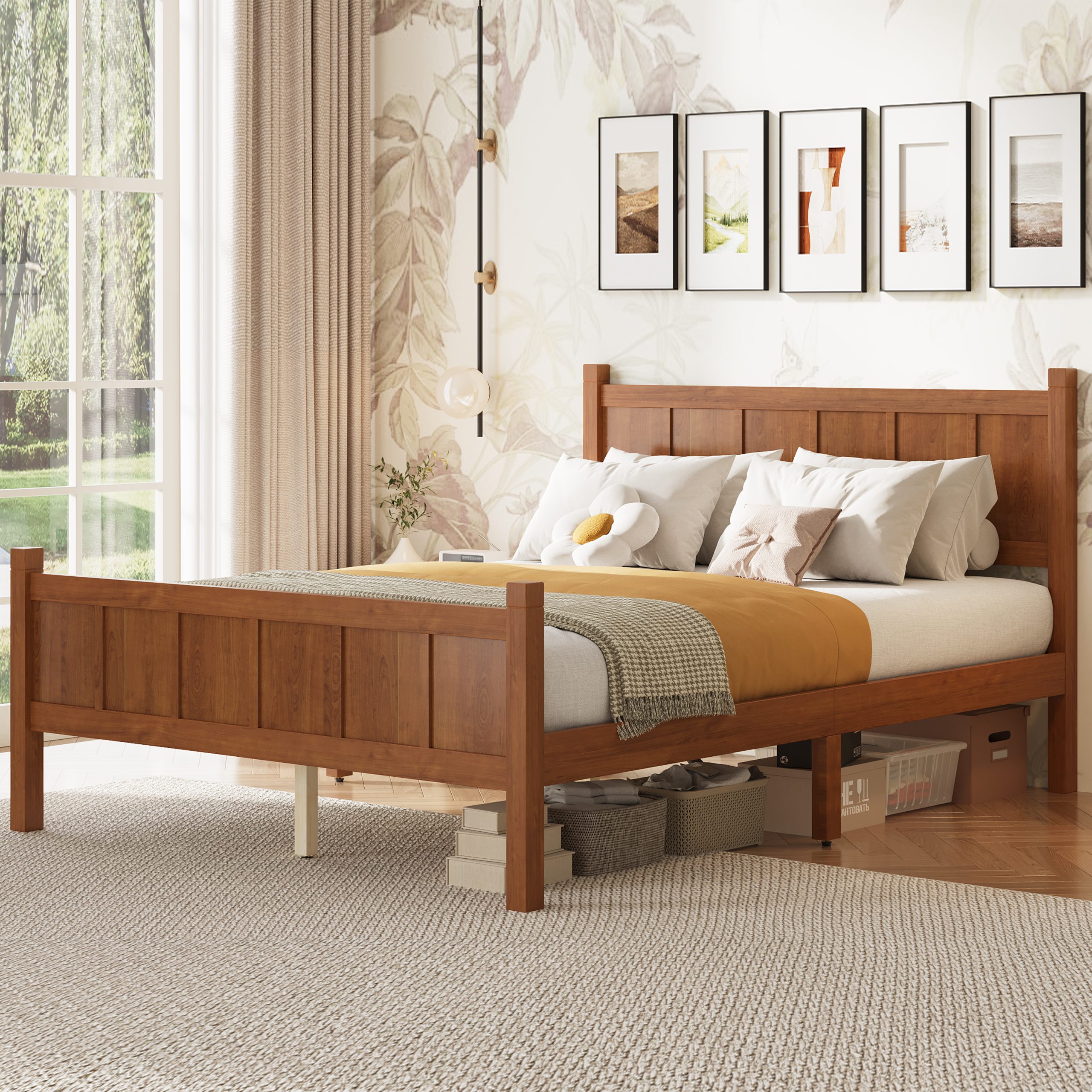Full Size Flat Panel Bed with Headboard & Footboard, Minimalist Modern Platform Bed with Wood Grain Finish, Shaker and Farmhouse Style Design, Sleek and Functional Bedroom Furniture,Light Walnut - Image 2