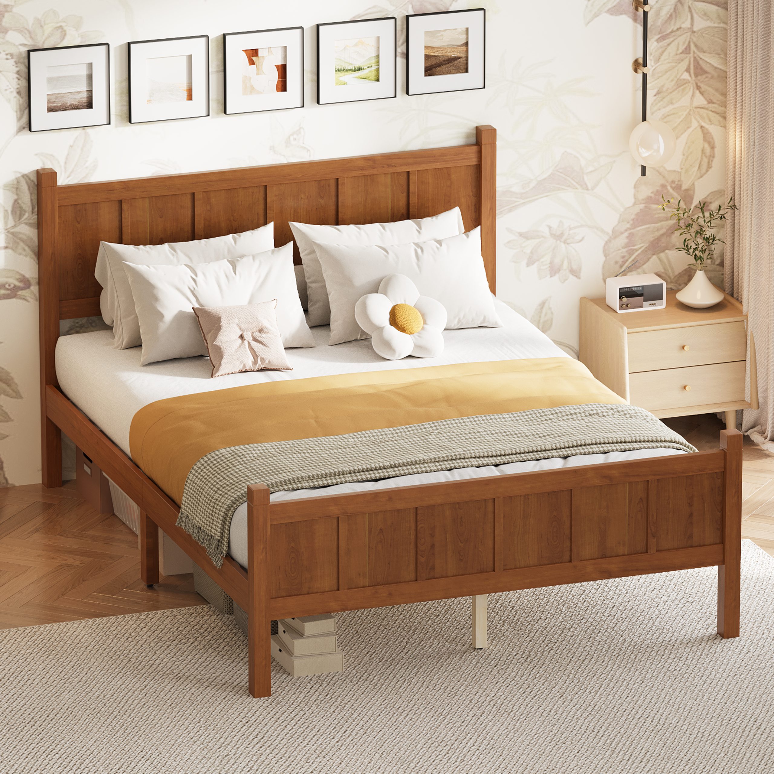 Full Size Flat Panel Bed with Headboard & Footboard, Minimalist Modern Platform Bed with Wood Grain Finish, Shaker and Farmhouse Style Design, Sleek and Functional Bedroom Furniture,Light Walnut - Image 3