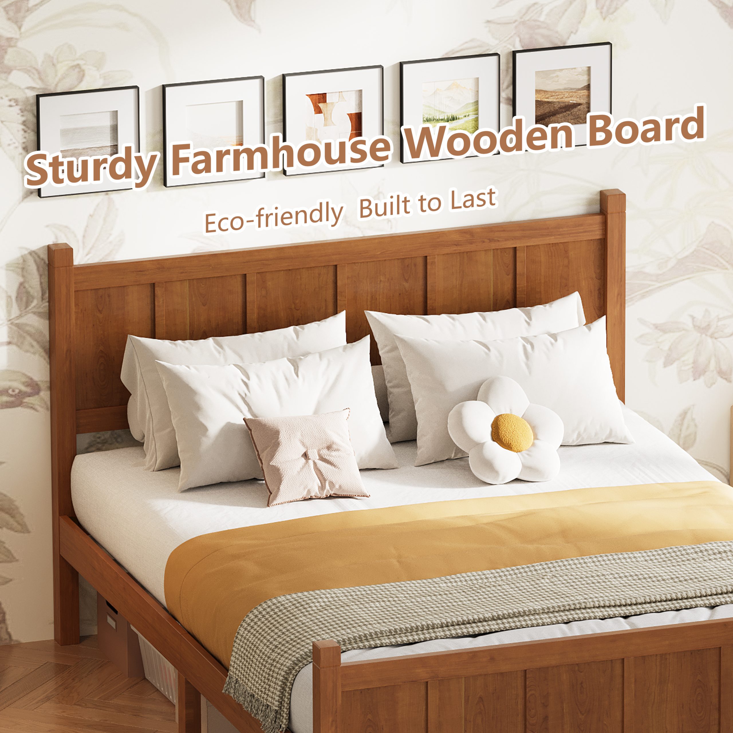Full Size Flat Panel Bed with Headboard & Footboard, Minimalist Modern Platform Bed with Wood Grain Finish, Shaker and Farmhouse Style Design, Sleek and Functional Bedroom Furniture,Light Walnut - Image 4