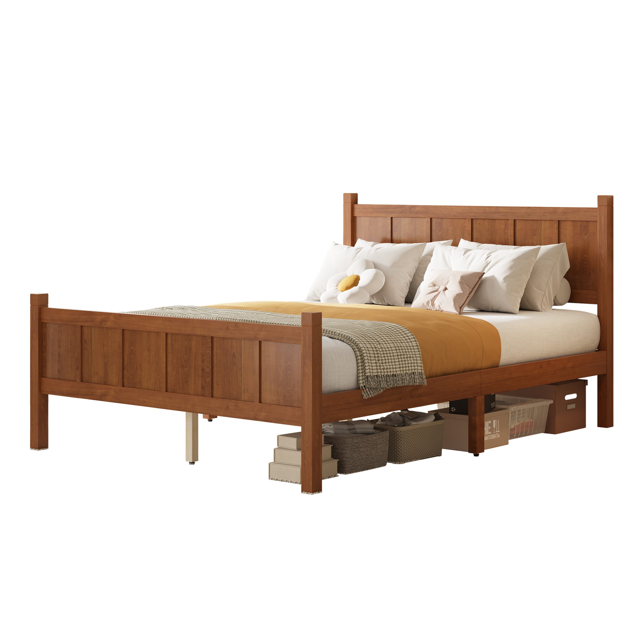 Full Size Flat Panel Bed with Headboard & Footboard, Minimalist Modern Platform Bed with Wood Grain Finish, Shaker and Farmhouse Style Design, Sleek and Functional Bedroom Furniture,Light Walnut - Image 6