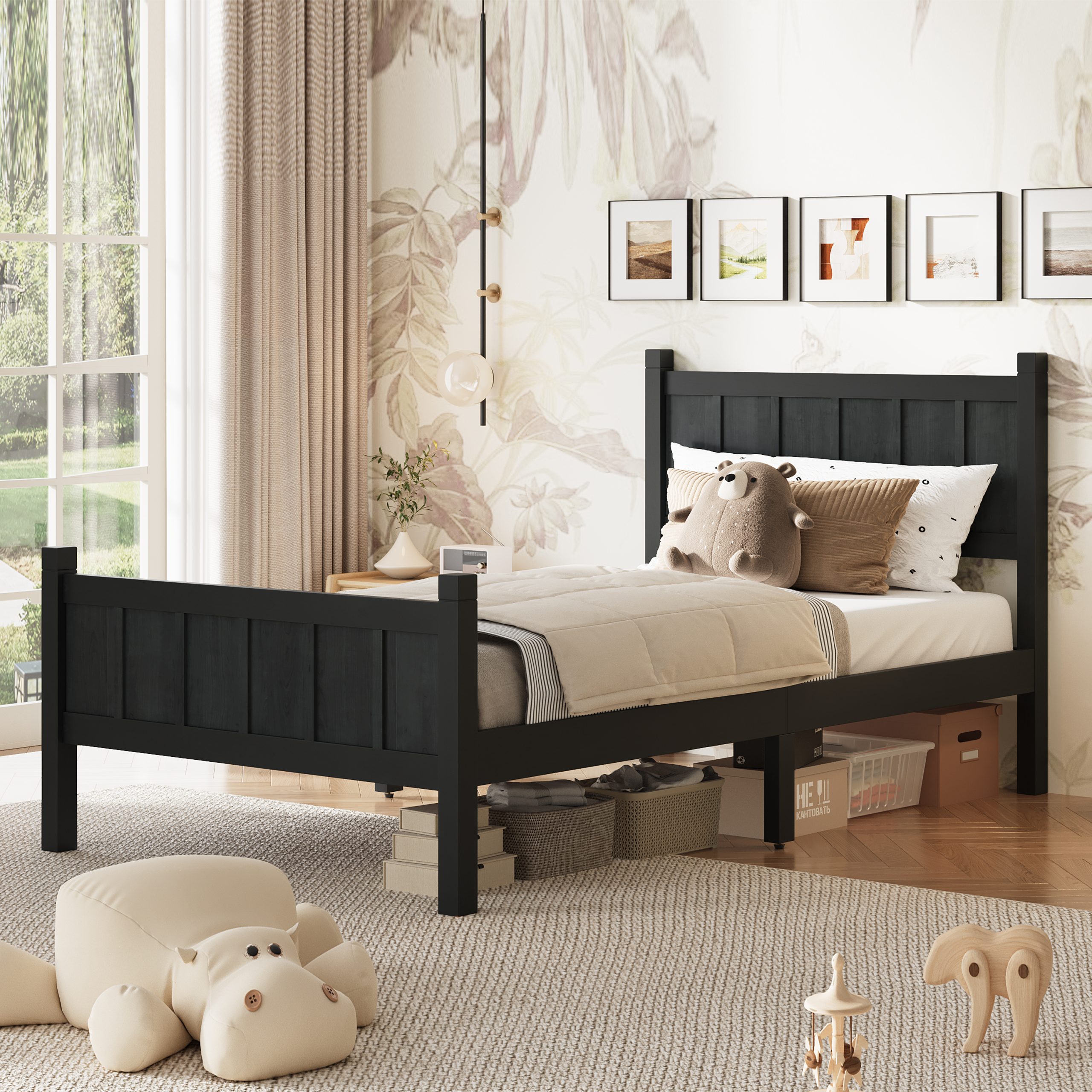 Twin Size Flat Panel Bed with Headboard & Footboard, Minimalist Modern Platform Bed with Wood Grain Finish, Shaker and Farmhouse Style Design, Sleek and Functional Bedroom Furniture,Black - Image 2