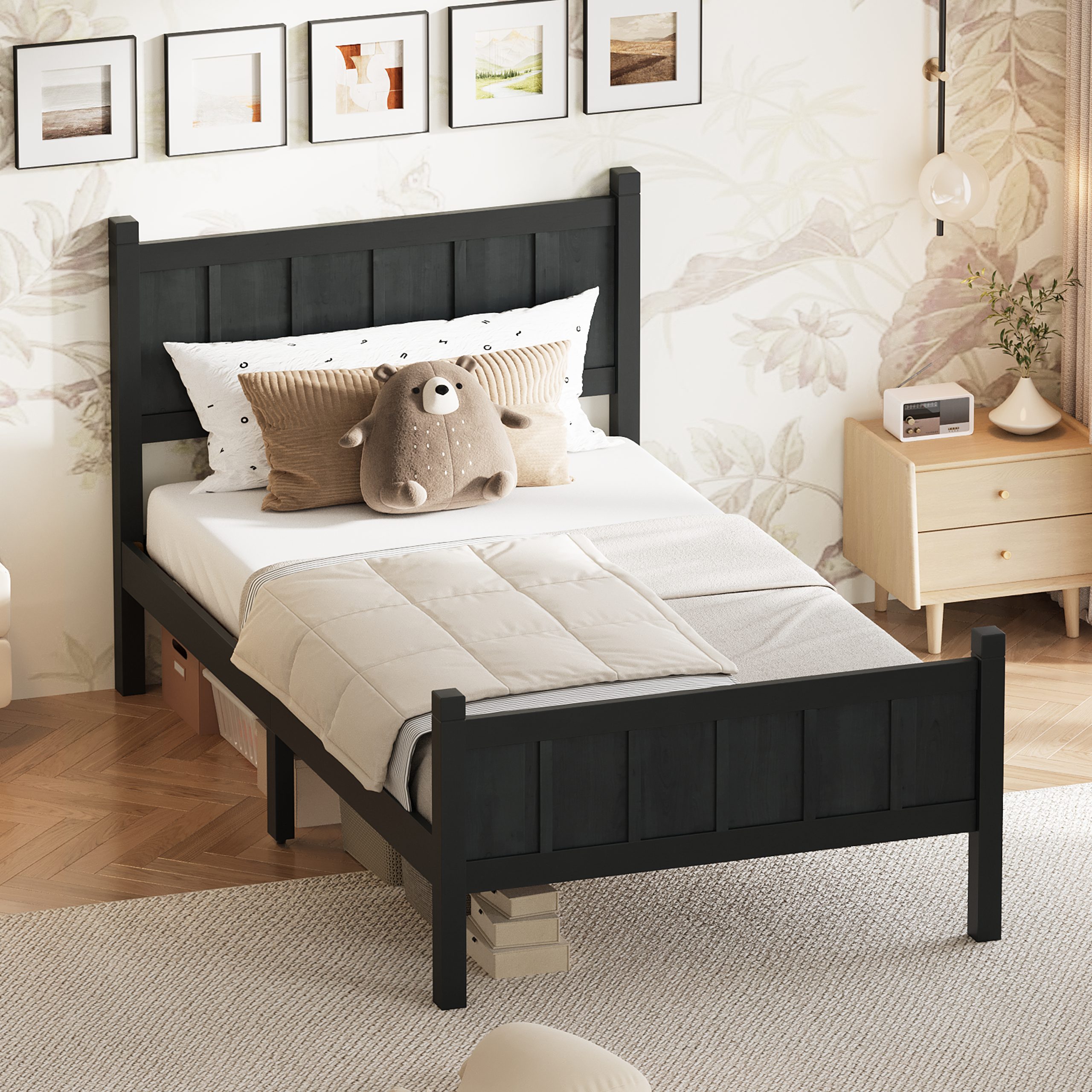 Twin Size Flat Panel Bed with Headboard & Footboard, Minimalist Modern Platform Bed with Wood Grain Finish, Shaker and Farmhouse Style Design, Sleek and Functional Bedroom Furniture,Black - Image 3